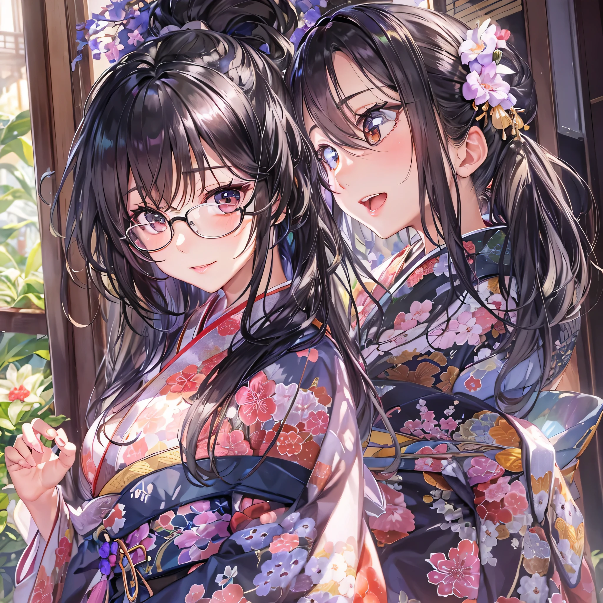 ((masterpiece、highest quality、detailed))、smile,vivid color 、strong sunlight,8k、Haigress、(Glasses),(beautiful black hair:1.2),(transparent hair, translucent hair:1.6),(silky hair, shiny hair, ponytail:1.3),messy hair、(beautiful brown eyes, translucent eyes:1.1)、(kimono,beautiful kimono:1.6),slight smile、mature、very detailed beautiful girl、big breasts,lens flare