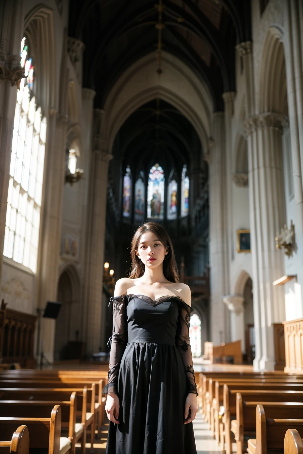 ((best quality)), ((masterpiece)), (detailed), perfect face, arafed woman in a long dress standing in church, korean beauty, Behind her is a gothic cathedral, standing in church, Wearing a gothic dress, in a big cathedral, Gothic and Baroque, Inside an epic gothic castle, Wearing a fancy dress, Neo-Gothic concept, silver open dress, nice elegant pose, with heavenly light, in the castle