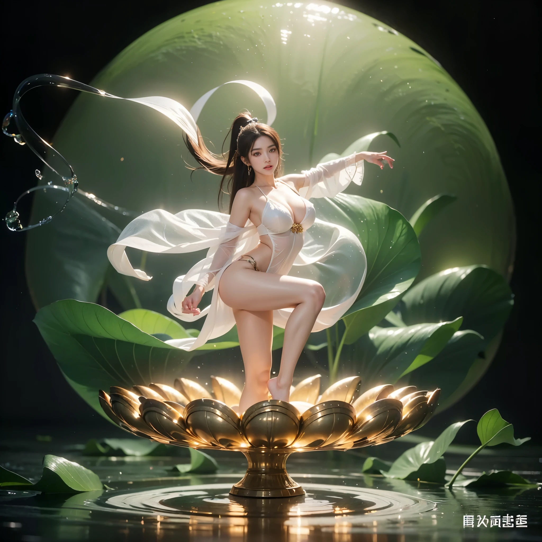 Replace the people in the picture,((8k+ultra high resolution+ultra high definition+masterpiece+Very detailed+Award-winning+The award-winning)),(perfect face+supermodel+Delicate skin+high ponytail+huge breasts+perfect hands+beautiful hands+perfect hands指+beautiful hands指+dancing on lotus),[[[muscle]]],(((anatomically correct))) ,