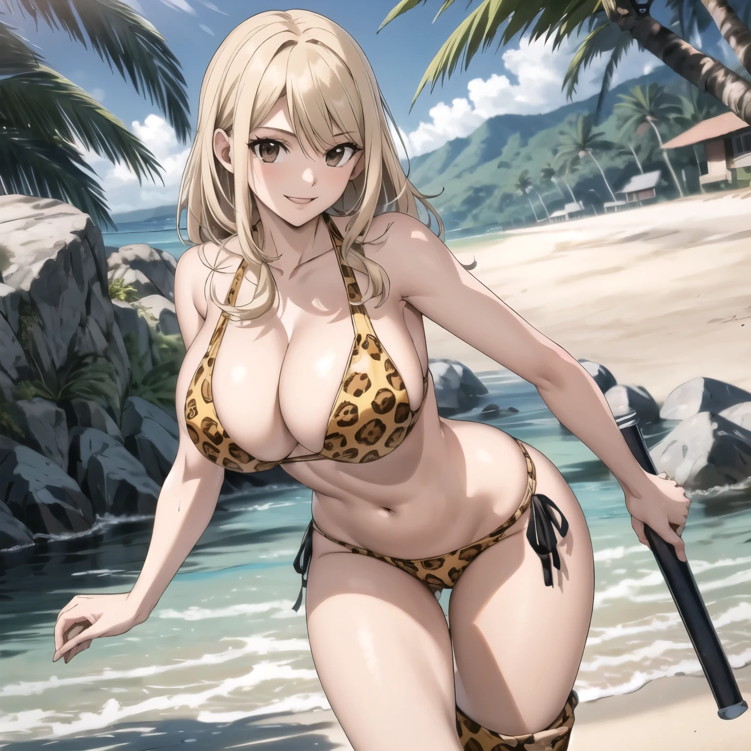 24 year old woman long straight blonde hair,, Brown eyes, big breasts yellow bikini with leopard design, botas amarillas, esta caminando en una playa tropical cuerpo mojado. sonrisa alegre. rubor. frente al espectador.