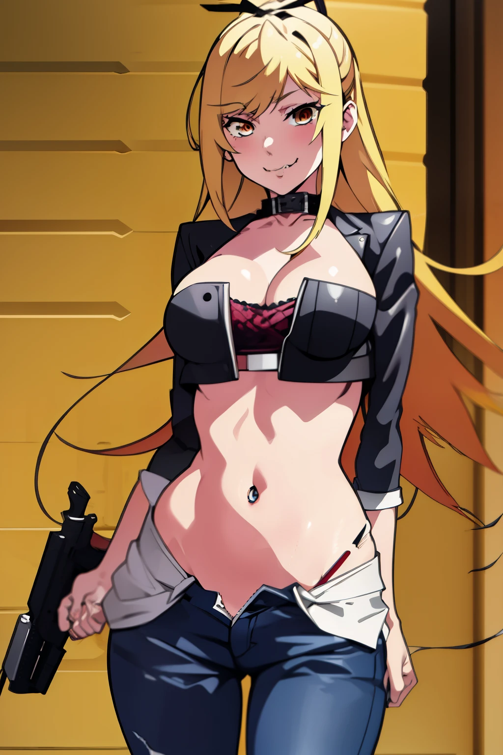 blonde_hair breasts hair_ribbon long_hair  orange_eyes ribbon  spiky hair, :3, ;3 :3  blonde_hair blue_eyes  blush breasts  medium_breasts open_mouth,  masterpiece, best quality, highly detailed, a girl with a gun, evil smile , sexy gaze, badass pose , evil smile, smile, (nsfw) not safe for work,  sharp foccus ilustration hq, style is a blend of æon flux, guns blazing, range murata and artgerm, anime girl with long hair, beautiful long haired girl, navel, evil expression, exposed belly, exposed navel, exposed midriff, exposed lower belly, long black jeans, crop top, cleavage, unbuttoned jeans , low rise black jeans, leather jacket, holding a gun, navel piercing