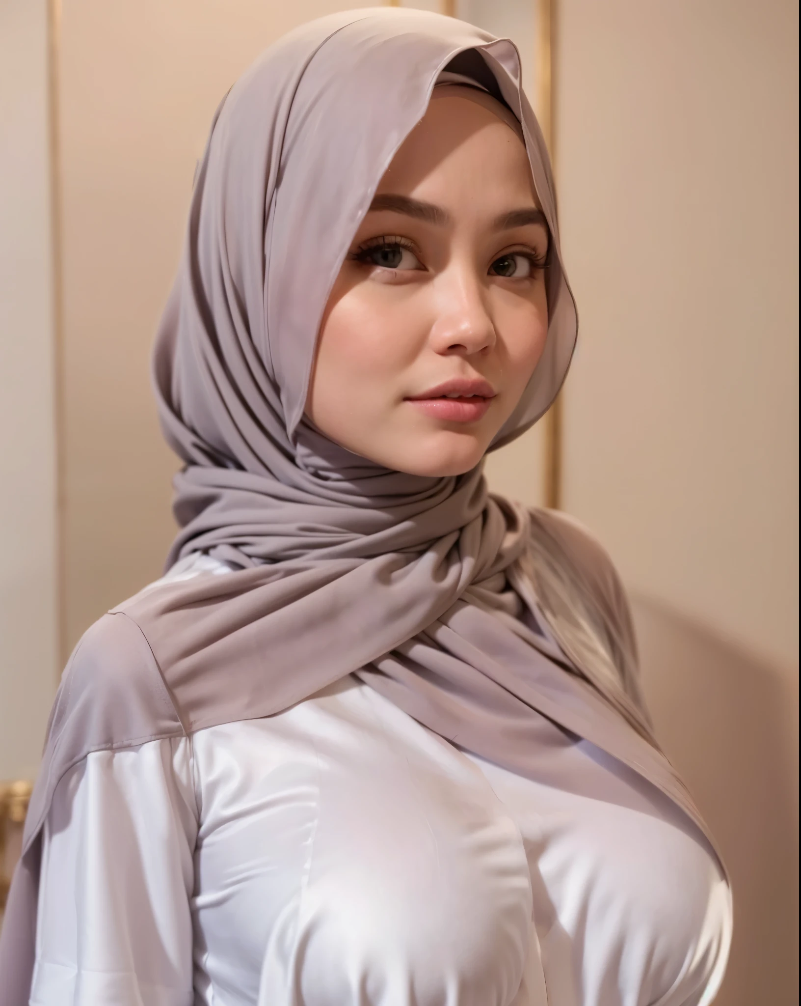 masterpiece, (ultra-high-definition portrait, vignet:1.4), Realistic, extremely detailed, CG unified, 8k, Clean lines, highly detailed, High-definition, raw color photos, she is smiling, Realistic portrait, Cinematic Light, Beautiful detailed, (1hijabgirl, indonesian:1.5), (165cm tall, big breasts with lips like she wants to kiss:1.5), Beautiful big breasts, breasts details, very tight, (Biggorgeous breast, Serious Face:1.5), (Serious Face, Big Breast:1.4), Close up of a girl in Beautiful clothes with errected nipple, biggorgeous breast, Soft smile, scarf, (Bombastic Side Eyes with curvaceous body:2), pose 4 of 1 6, Undress, No bra, (nipples that are clearly sticking out detail:1.2), Outdoors, high intricate detailed.