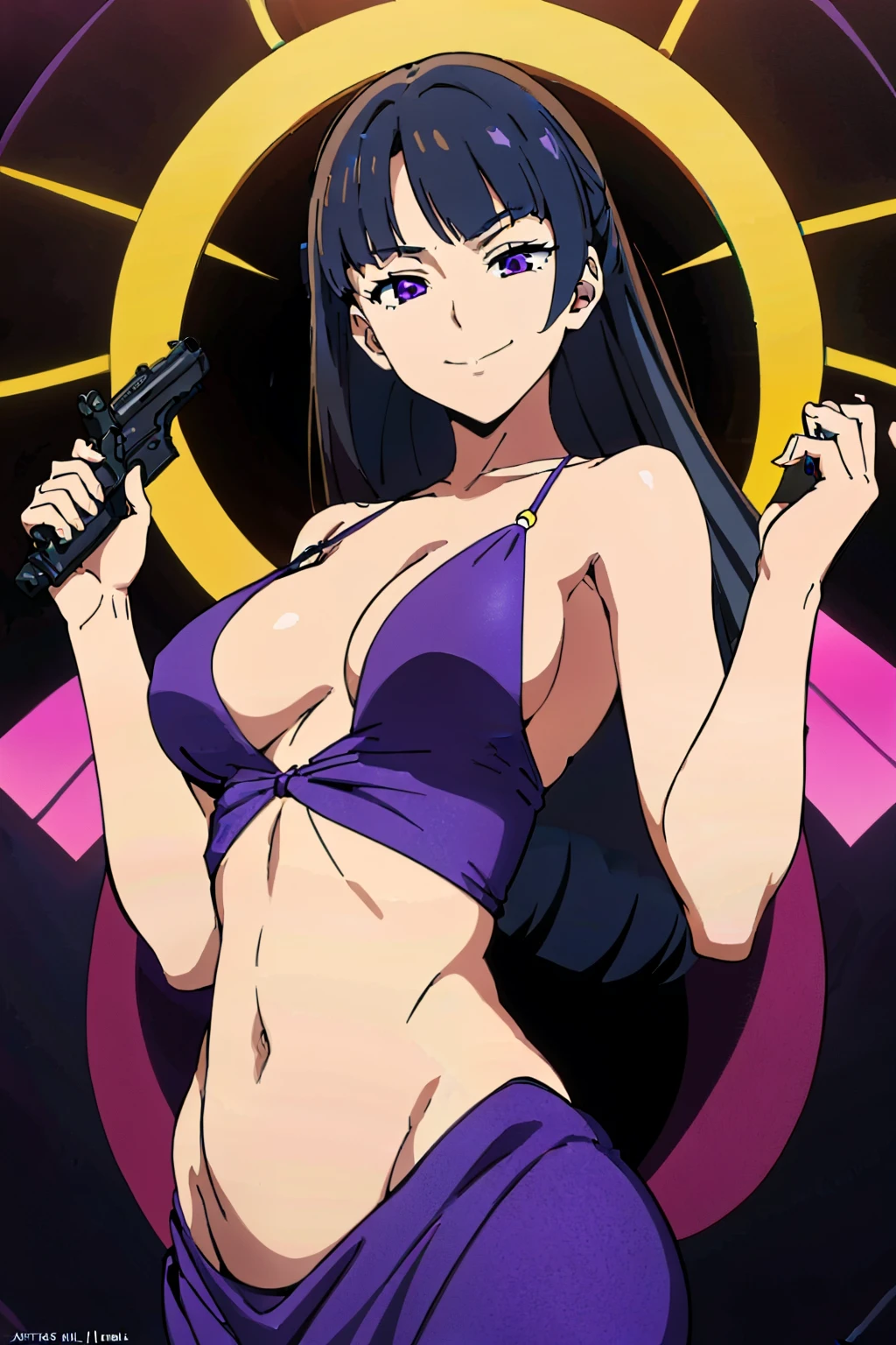 isabella, smile, black hair, purple eyes, side swept bangs, masterpiece, best quality, highly detailed, a anime girls in long dress with navel hole posing for a picture, long dress with center opening, center opening, ecchi anime style, anime girls, ecchi style, ecchi, digital anime art!!, in anime style, official artwork, visual novel cg, beautiful anime girl, anime style 4 k, exposed belly, exposed navel, exposed midriff, exposed lower belly, holding a gun
