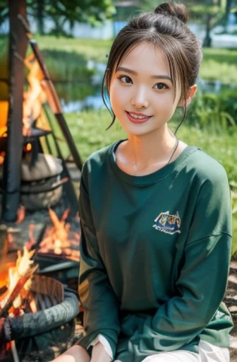 best quality, detailed, beautiful, insanely detailed, absurdres,perfect anatomy,
Japanese woman,black hair,27 years old,
(slender),
(small breasts),
long shot,lake, 2 girls, delightful, cheerful grin, sitting, hair bun, (green long-sleeved t-shirt, white shorts:1.0), (Camping scene sitting in front of a bonfire:1.3),japanese, Fun Scene, with a mountain, high angle shot