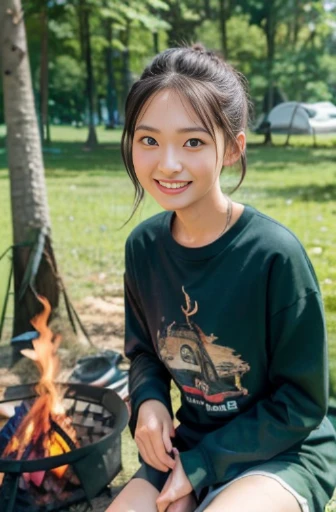 best quality, detailed, beautiful, insanely detailed, absurdres,perfect anatomy,
Japanese woman,black hair,27 years old,
(slender),
(small breasts),
long shot,lake, 2 girls, delightful, cheerful grin, sitting, hair bun, (green long-sleeved t-shirt, white shorts:1.0), (Camping scene sitting in front of a bonfire:1.3),japanese, Fun Scene, with a mountain, high angle shot