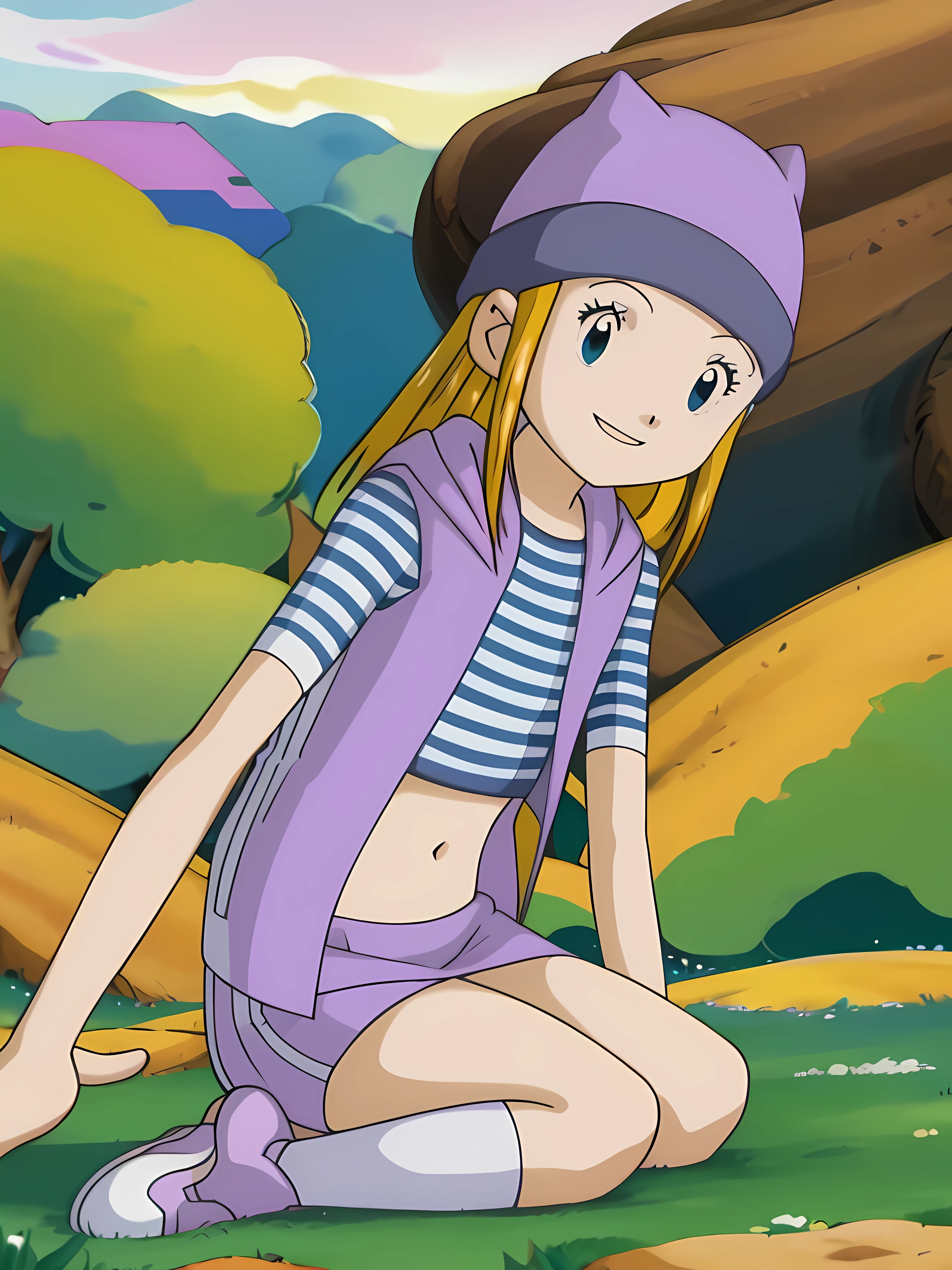 zoe orimoto,purple beanie,purple vest,purple miniskirt,blue white striped shirt,midriff,purple socks,sneakers,blond hair,smile,seated on the ground,hair moving by the blowing wind,illustration,detailed eyes,detailed lips,best quality,4k,8k,highres,masterpiece:1.2,ultra-detailed,realistic:1.37,HDR,UHD,studio lighting,sharp focus,vivid colors,bokeh,portraits,vintage colors,warm tones,soft lighting