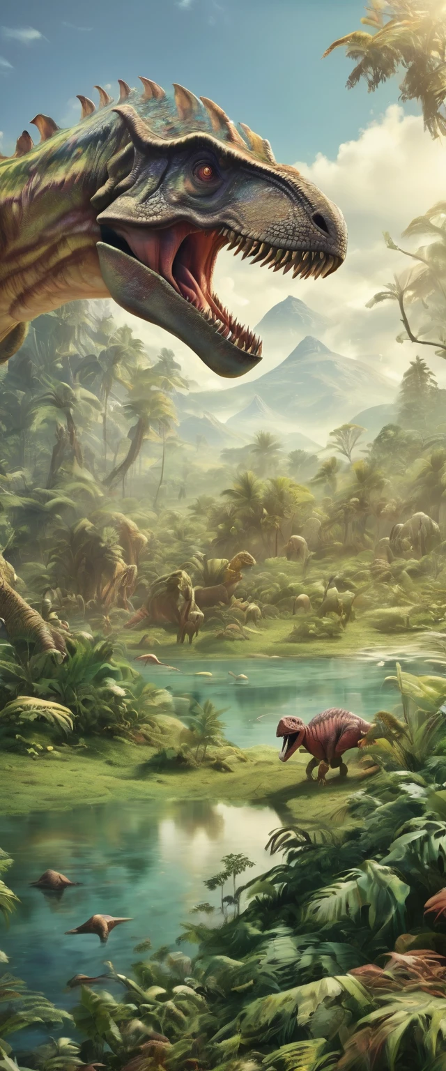 ((ultra wide angle x0.5:1.5)),( large carnivorous dinosaur, beautiful landscape:1.5), ((Imaginative scene)), (( Highly detailed: 1.4), (( masterpiece )), ( Hyper detailed and beautiful: 1.3), (Photorealistic: 1.4), 32k.