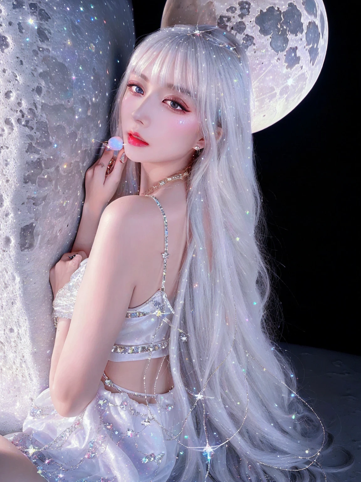 {-erro_de_anatomia:1.0} masterpiece, highest quality, (perfect face:1.1, (high detail)1.1, sweet stardust vampire , long soft white hair, opal eyes, perfectly drawn face, black dress, stars detailed background, prismatic lighting, glitter, whole bod., sitting on the moon, holding a crystal star in her hands, backwards, looking back