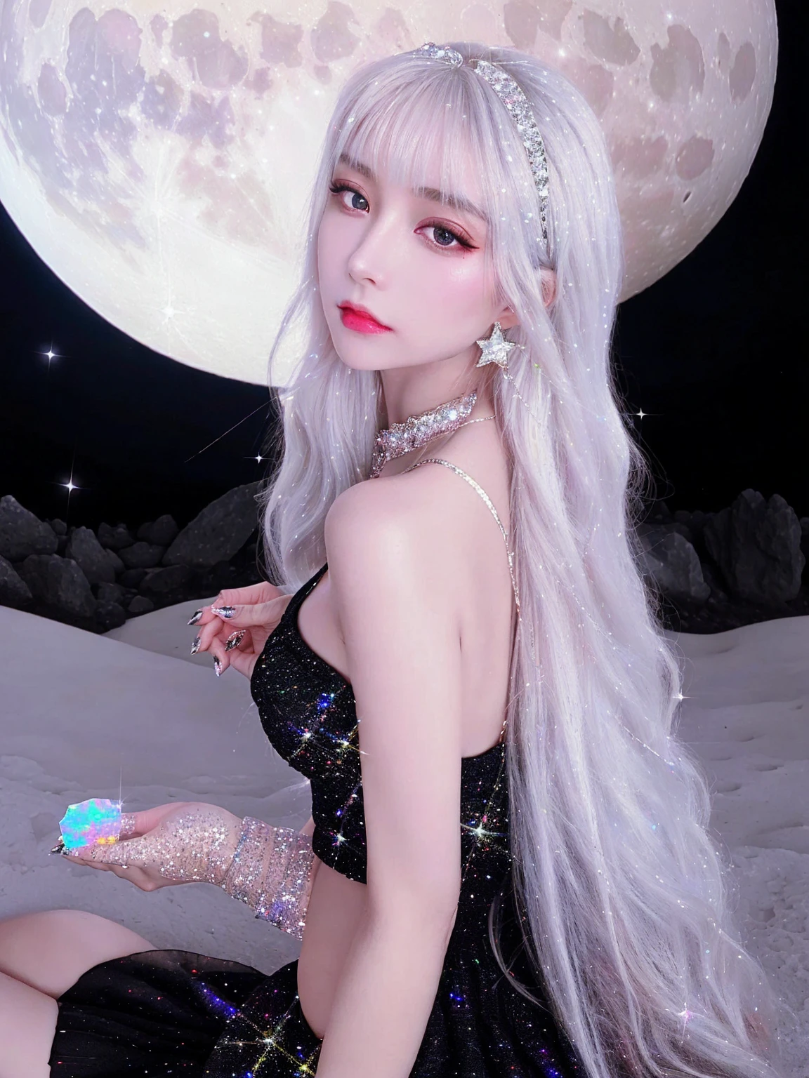 Vast landscape photos、(View from below with a view of the sky and the wilderness below)、Girl standing in a flower field and looking up、(fullmoon:1.2)、(shooting stars:0.9)、(nebulas:1.3)、mountain in the distance、Tree Break Production Art、(Warm color light source:1.2)、(fireflys:1.2)、abajour、Purple and orange、intricate detailes、Volume Lighting BREAK (masterpiece:1.2)、(top-quality)、4K、ultra-detailliert、(The composition of the movement:1.4)、Highly detailed and colorful details(Irridescent color:1.2)、(Glowing lighting、Atmospheric illumination)、dream-like、Magical、(独奏:1.2)、a 18 year old girl、Pleated long skirt、10cm Black High Heels、Heel only red、squatting with your knees、Kuro's long hair、Hair fluttering in the wind、Black knitwear、Spread your hands a little、((A black hazy aura comes out of the palm))、Farbe々Cute little slime with beautiful colors is at your feet、