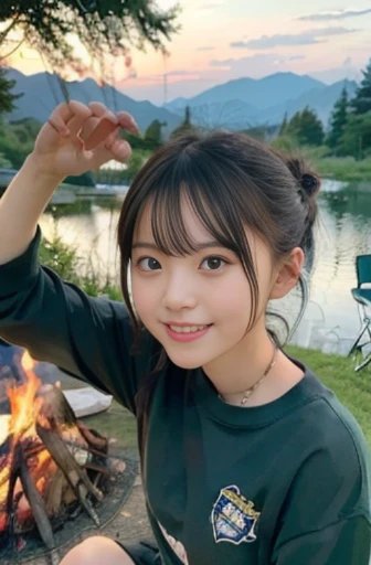 best quality, detailed, beautiful, insanely detailed, absurdres,perfect anatomy,
Japanese woman,black hair,27 years old,
(slender),
(small breasts),
long shot,lake, (2 girls:1.0), delightful, cheerful grin, sitting, hair bun, (green long-sleeved t-shirt, white shorts:1.0), (Camping scene sitting in front of a bonfire:1.3),japanese, Fun Scene, with a mountain, high angle shot