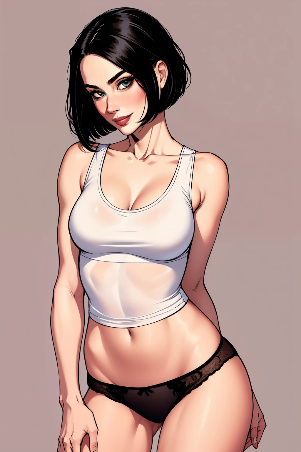 Amazing cowboy shot of a sexy woman wearing her black bob cut hair, seductively gazing and smiling, soft lips, blushing intensely, white tank top, panties , medium chest, perfect body, simple background, Nicole Kidman