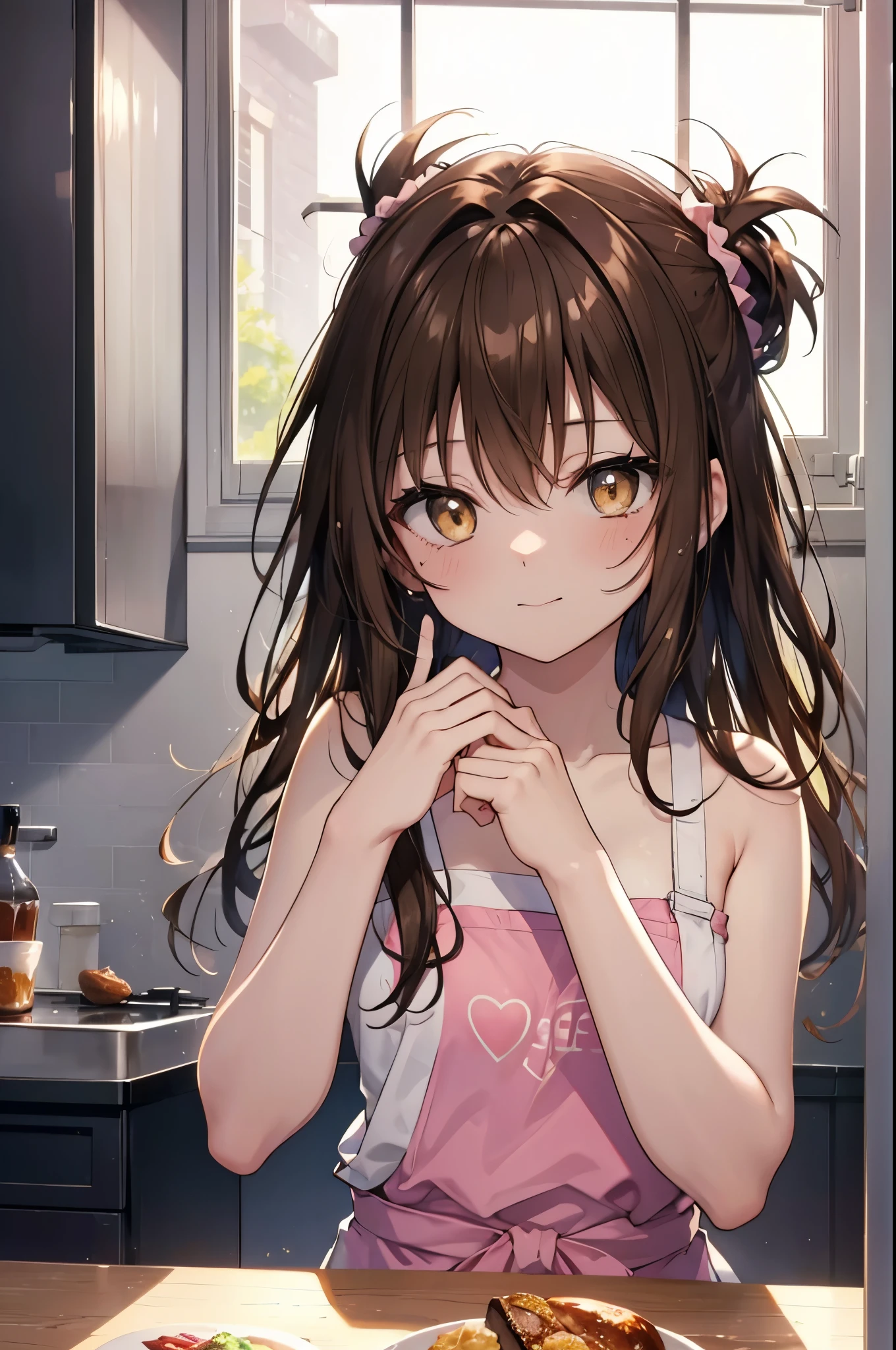 Follow Us, food yuuki, (brown eyes:1.7), brown hair, hair ornaments, hair Scrunchie, long hair, smile,blush,pink Scrunchie, Scrunchie, (flat chest:1.2),white sleeveless dress,bare shoulders,naked neck,bare clavicle,shorts,apron,White socks,cook in the kitchen、フライパンでエビを調理する
break looking at viewer,
break indoors, kitchen,
break (masterpiece:1.2), highest quality, High resolution, unity 8k wallpaper, (figure:0.8), (detailed and beautiful eyes:1.6), highly detailed face, perfect lighting, Very detailed CG, (perfect hands, perfect anatomy),