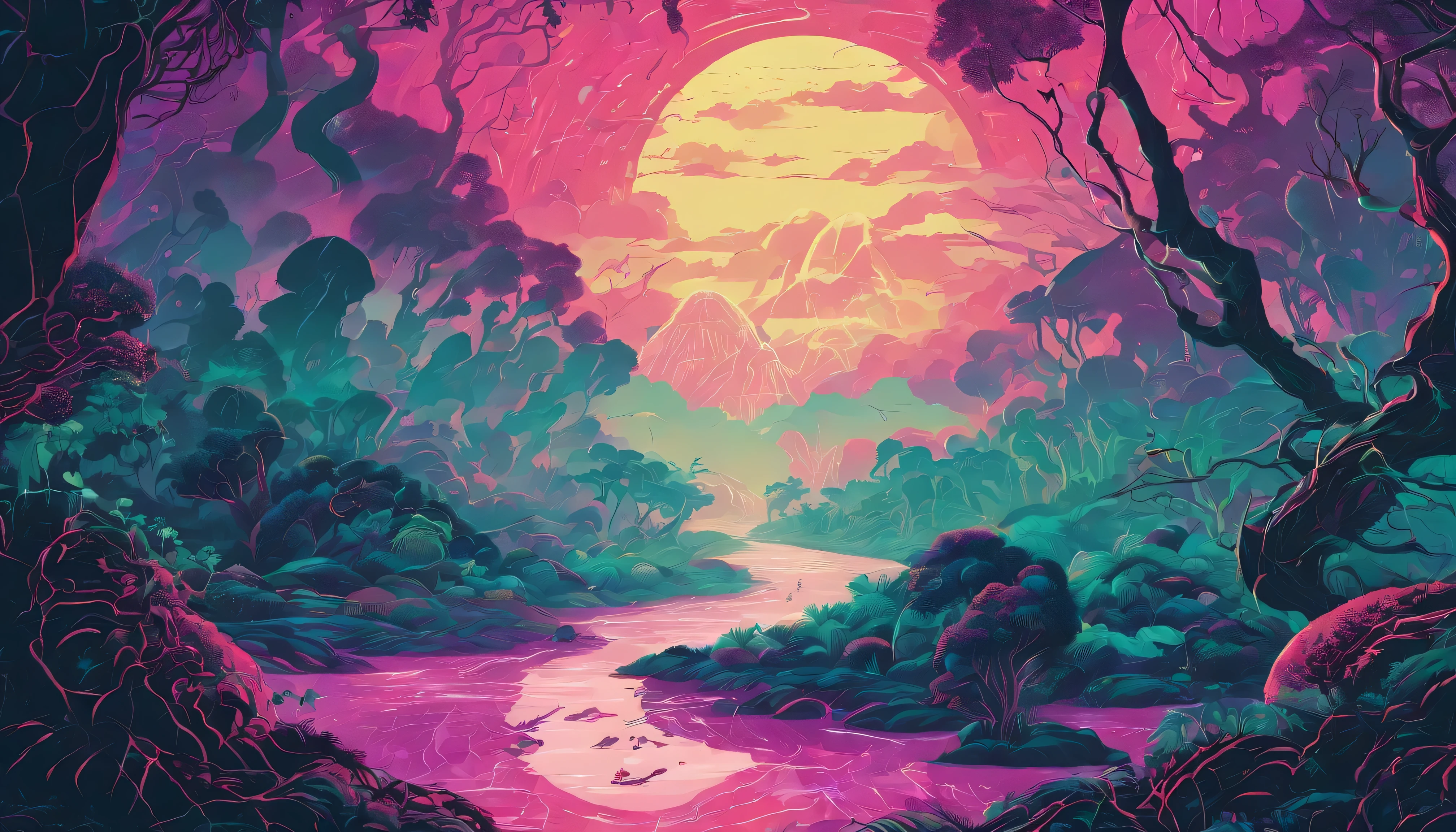 Design an image depicting an intense night storm scene over an ancient rainforest. The sky above is a canvas of chaotic beauty, with lightning bolts illuminating the dense canopy below. Each flash reveals the rich, wet leaves of towering trees and the intricate ecosystem that thrives under their shelter. The storm's fury is juxtaposed with the enduring calm of the forest, highlighting the timeless dance between nature's tempests and the tranquility of the ancient woodlands. Include the occasional glimpse of a waterfall or river, its waters surging in response to the downpour, adding to the scene's dynamic beauty