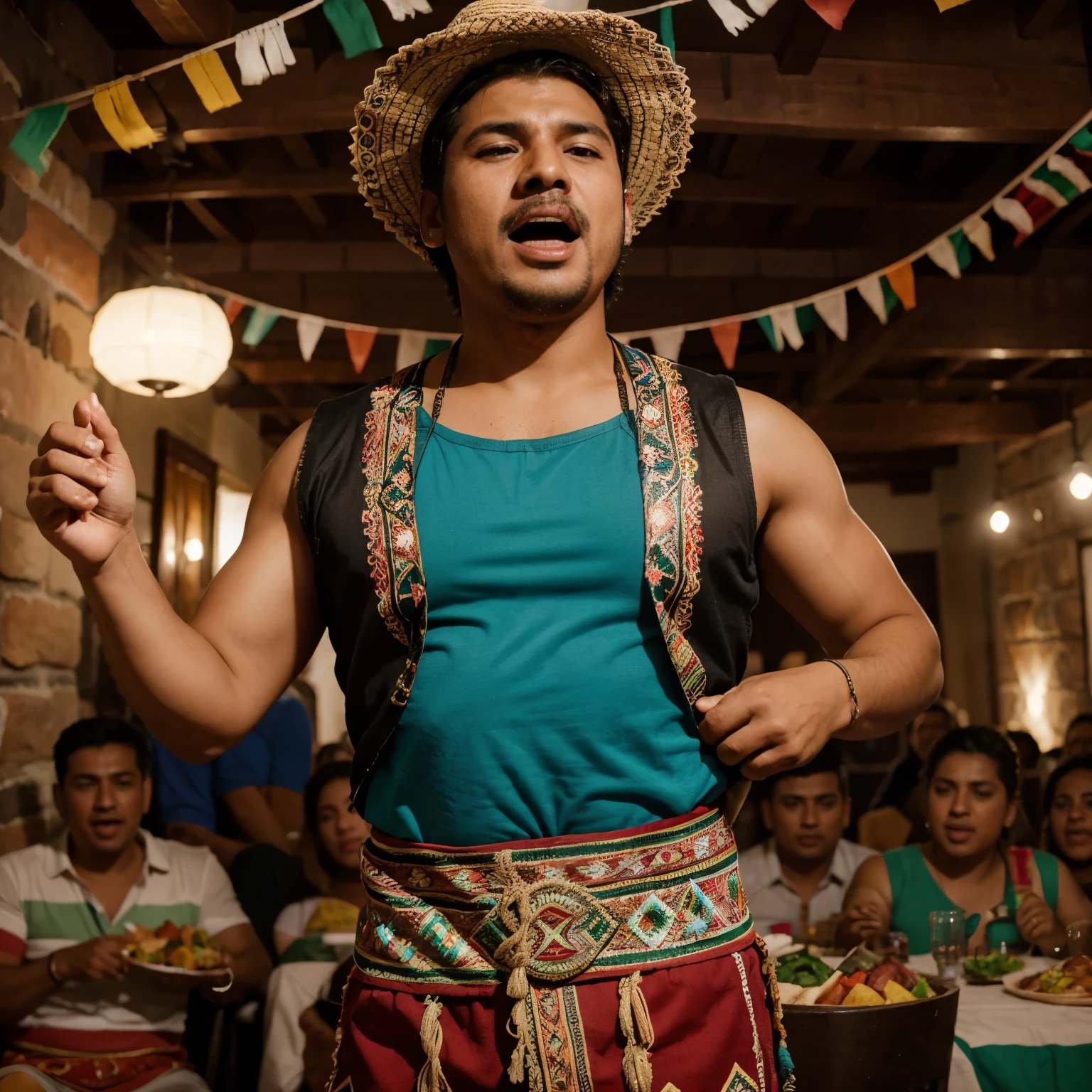 Hombre mexicano cantando en una fiesta mexicana