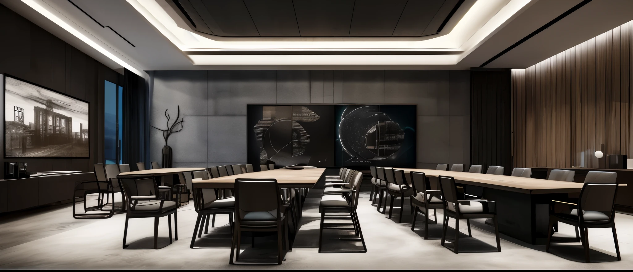 Modern industrial style conference room renderings，Iron chair，dark conference table，chandelier，There is a TV on the wall showing game design drawings，Requires a sense of design and a sense of the future