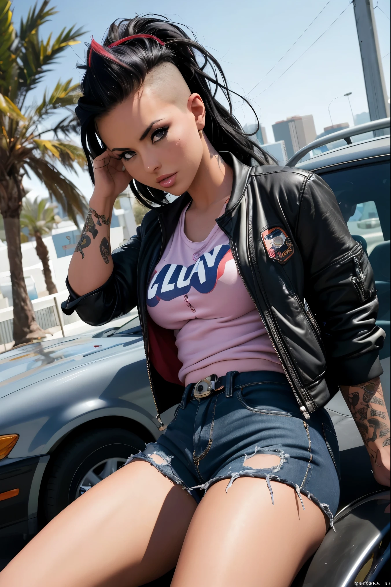 film photo ChristyMackQuiron woman, peinado Mohawk, mohawk hair, black hair, pelo negro, realista, a woman Shot putwearing summer clothes checking her cell phone, de buen tono, 35mm photography, movie, bokeh, profesional, 4k, muy detallado, dentro del coche, inside car, looking at mobile phone, checking cell phone, de cerca, close up, Las Vegas