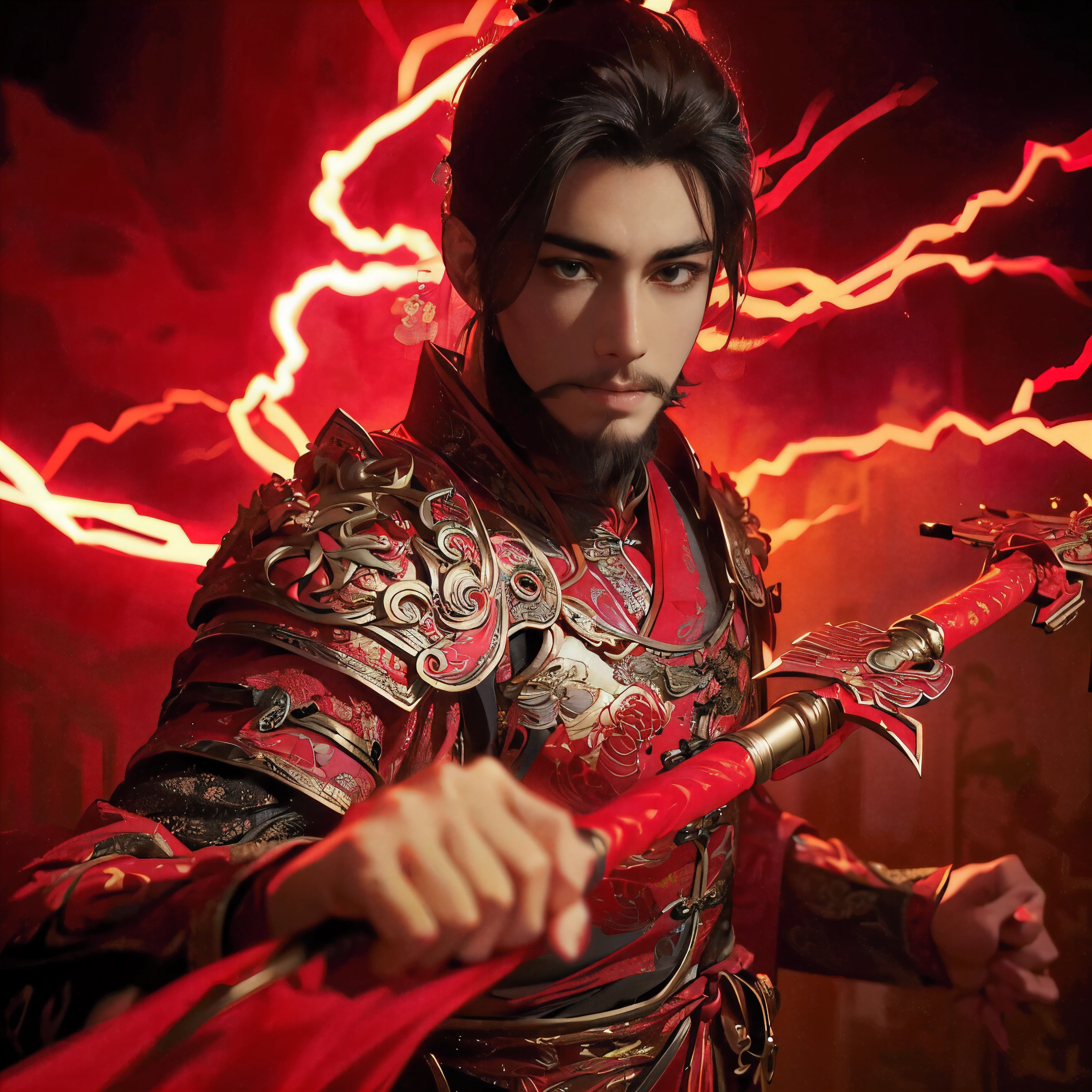 A close up of a person holding a sword in a red light - SeaArt AI