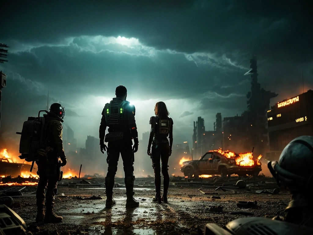 alien landscape,girl fighting against aliens,apocalyptic backdrop,ruined buildings,wreckage,futuristic technology, intense action,military gear,moonlit sky,desolate wasteland,battlefield smoke and flames,stormy weather,dystopian setting,scattered debris,alien creatures menacingly advancing,determined expression on the girl's face,courageous heroine,explosions and gunfire,ominous alien spacecraft hovering in the distance,craters on the ground,rebel symbol,meteor shower,smoldering ruins,radioactive glow,crimson sunset,desperation,strength and bravery,resilience,triumph of the human spirit,overwhelming odds,earth-shaking battle cries,alien invaders with slimy tentacles,autumn leaves scattered on the ground,heroic sacrifice,post-apocalyptic survival,extraterrestrial invasion,emptiness and devastation,scarred Earth,unyielding determination,victory against all odds,vibrant colors amidst the chaos,intense energy,epic showdown,alien technology malfunctioning,shattered windows,city in ruins,deep shadows,desperate fight for humanity's survival.