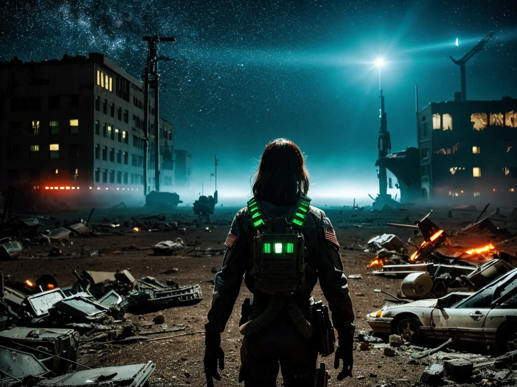 alien landscape,girl fighting against aliens,apocalyptic backdrop,ruined buildings,wreckage,futuristic technology, intense action,military gear,moonlit sky,desolate wasteland,battlefield smoke and flames,stormy weather,dystopian setting,scattered debris,alien creatures menacingly advancing,determined expression on the girl's face,courageous heroine,explosions and gunfire,ominous alien spacecraft hovering in the distance,craters on the ground,rebel symbol,meteor shower,smoldering ruins,radioactive glow,crimson sunset,desperation,strength and bravery,resilience,triumph of the human spirit,overwhelming odds,earth-shaking battle cries,alien invaders with slimy tentacles,autumn leaves scattered on the ground,heroic sacrifice,post-apocalyptic survival,extraterrestrial invasion,emptiness and devastation,scarred Earth,unyielding determination,victory against all odds,vibrant colors amidst the chaos,intense energy,epic showdown,alien technology malfunctioning,shattered windows,city in ruins,deep shadows,desperate fight for humanity's survival.