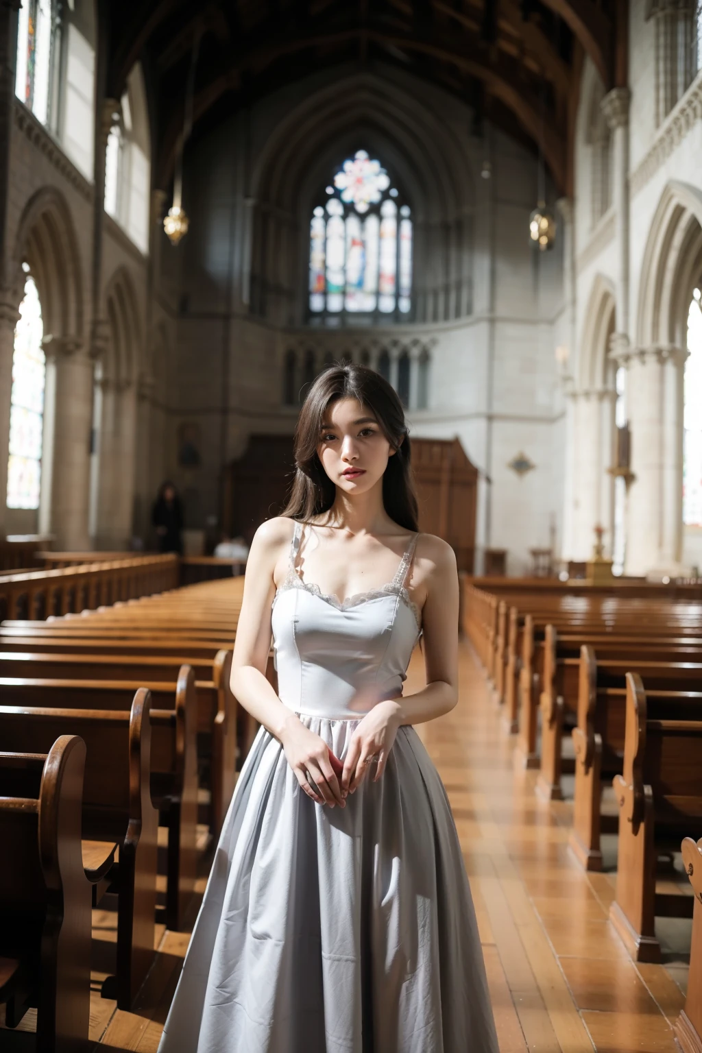 ((best quality)), ((masterpiece)), (detailed), perfect face, arafed woman in a grey color long dress standing in church, korean beauty, Behind her is a gothic cathedral, standing in church,in a big cathedral, Gothic and Baroque, Inside an epic gothic castle, Wearing a fancy dress, Neo-Gothic concept, silver open dress, nice elegant pose, with heavenly light, in the castle