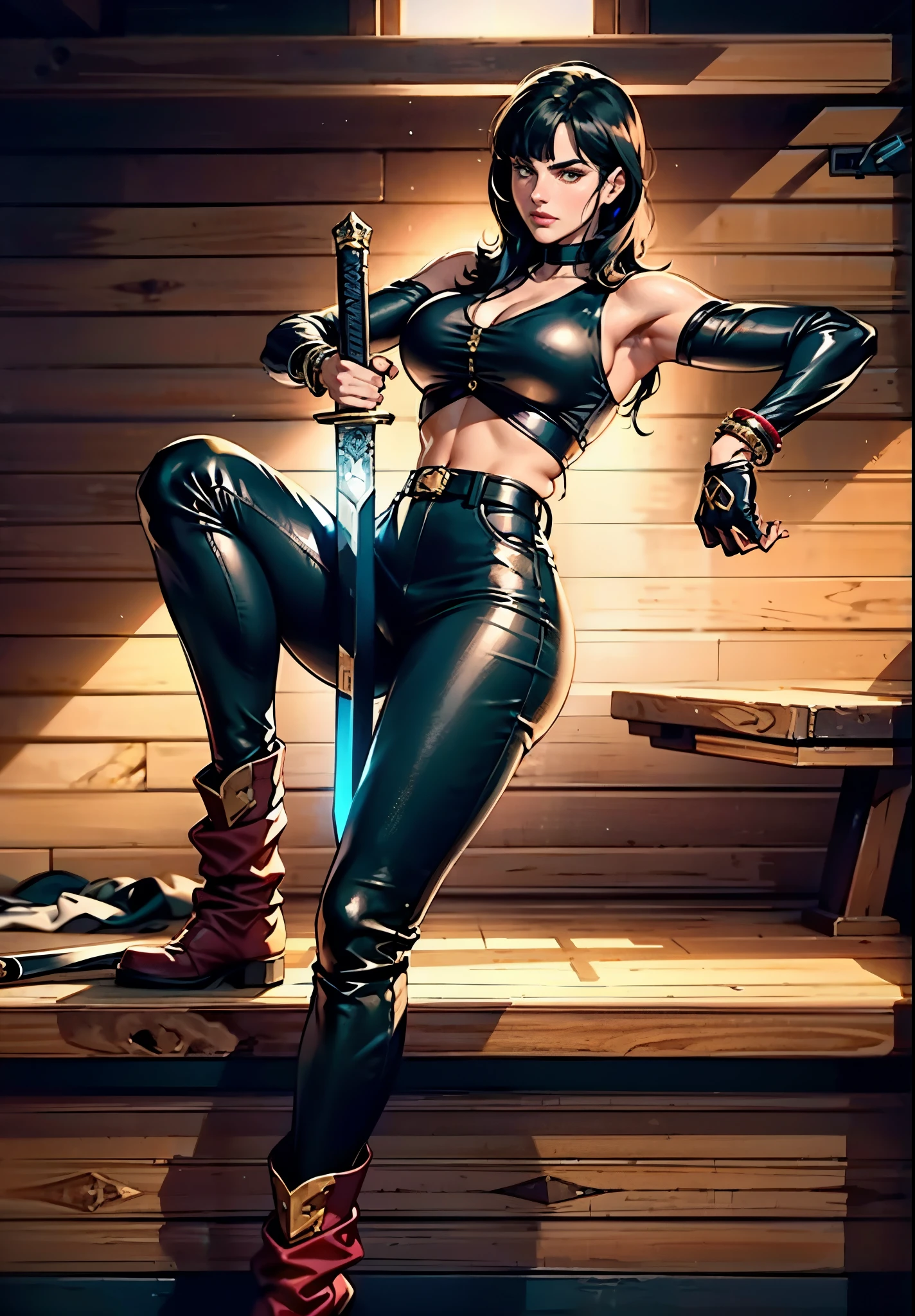 A beautiful woman with long shiny black hair, choppy bangs, a delicate face, a cold proud gaze, a fit figure, a fantasy-style high-necked leather breastplate top, sleeveless, exposes her waist, a bracelet adorns her wrist, tight-fitting leather pants, her right hand holds a longsword with a blue scabbard, she lounges casually sitting, this character embodies a finely crafted fantasy-style bounty hunter in anime style, exquisite and mature manga art style, (Alexandra Daddario:1.2), high definition, best quality, highres, ultra-detailed, ultra-fine painting, extremely delicate, professional, anatomically correct, symmetrical face, extremely detailed eyes and face, high quality eyes, creativity, RAW photo, UHD, 32k, Natural light, cinematic lighting, masterpiece-anatomy-perfect, masterpiece:1.5