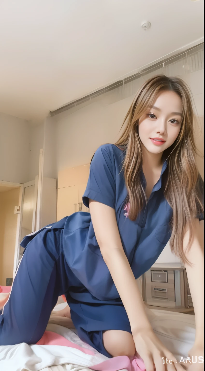 (best quality,10,10,height,Masterpiece:1.2),Special details,(realistic,Realistic picture,Realistic photos:1.37),1 Cute girl in the kitchen,shiny, skin shiny,only,smile softly,BDclothelue shirt:1.3)),short sleeve,shirt, กางเกงขาlong.,(navy_long_track pants:1.1), ((Kitchen Background)),Dynamic angle,excited,Face focus,dynamic poses,from behind,focus on ass,Masterpiece, best quality, ultra realistic, Too many details, 8k resolution, raw photos, Sharp focus, ((Navy blue shirt:1.1)), short sleeve, long route, perfect body, 2 mature women, 18 years old, Cinema-grade lighting system,blue sweatpants,exercise cloth,correct anatomy,perfect body, correct body, Sharp face, กายวิภาคของcorrect body, full body, realistic gestures, long-haired, realistic poses,Wear long shorts...........................,The legs are long.,Good shape,carved girl, Slender figure, model, Good shape, beautiful body,blue sweatpants, two girls kissing