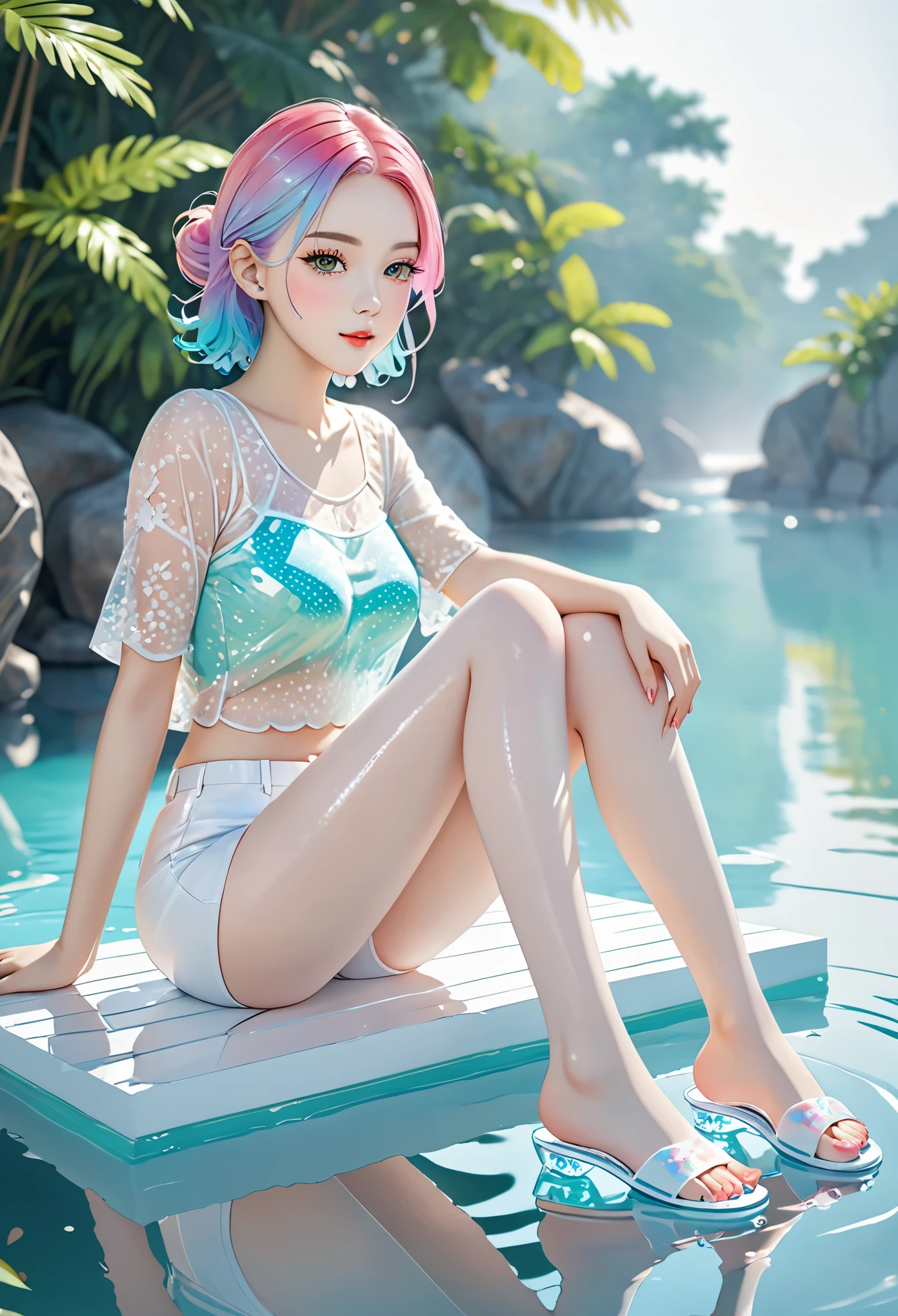 1Beauty,solo,Colored hair, colored see-through sexy tops,White skin,(short legs:1.4),(Sitting sideways:1.4),White pantyhose,white shorts, Fine toes, clear toes,
Outdoors,Stand on the water,Transparent flip flops,
the facial details are perfect,and the character details are exquisite,trendy fashion clothes,trendy portraits,bright colors,clean background,3D cartoon style rendering,large aperture,pop Mart production,delicate gloss,8K gradient translucent glass melt,