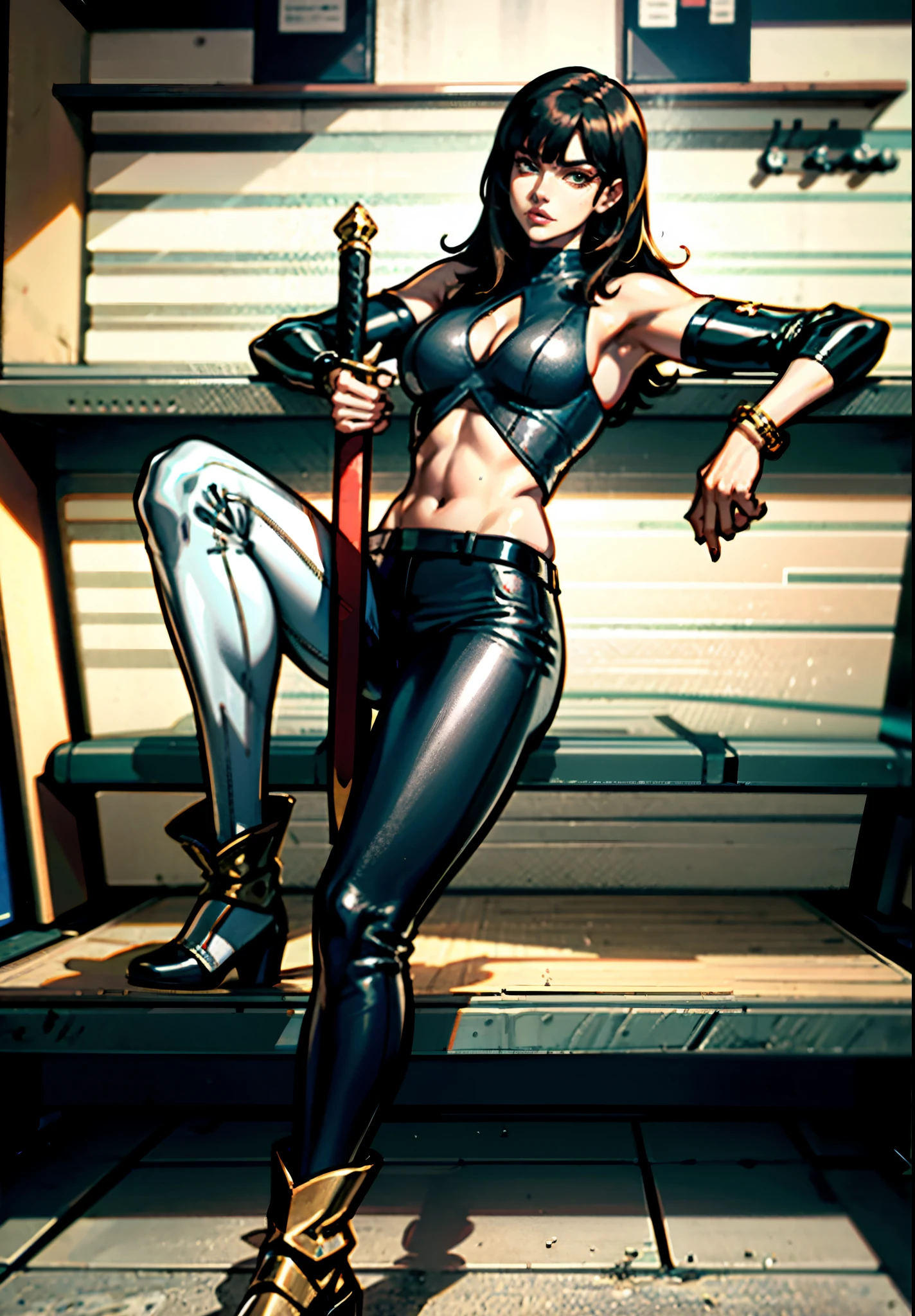 A beautiful woman with long shiny black hair, choppy bangs, a delicate face, a cold proud gaze, a fit figure, a fantasy-style high-necked leather breastplate top, sleeveless, exposes her waist, a bracelet adorns her wrist, tight-fitting leather pants, her right hand holds a longsword with a blue scabbard, she lounges casually sitting, this character embodies a finely crafted fantasy-style bounty hunter in anime style, exquisite and mature manga art style, (Alexandra Daddario:1.2), high definition, best quality, highres, ultra-detailed, ultra-fine painting, extremely delicate, professional, anatomically correct, symmetrical face, extremely detailed eyes and face, high quality eyes, creativity, RAW photo, UHD, 32k, Natural light, cinematic lighting, masterpiece-anatomy-perfect, masterpiece:1.5