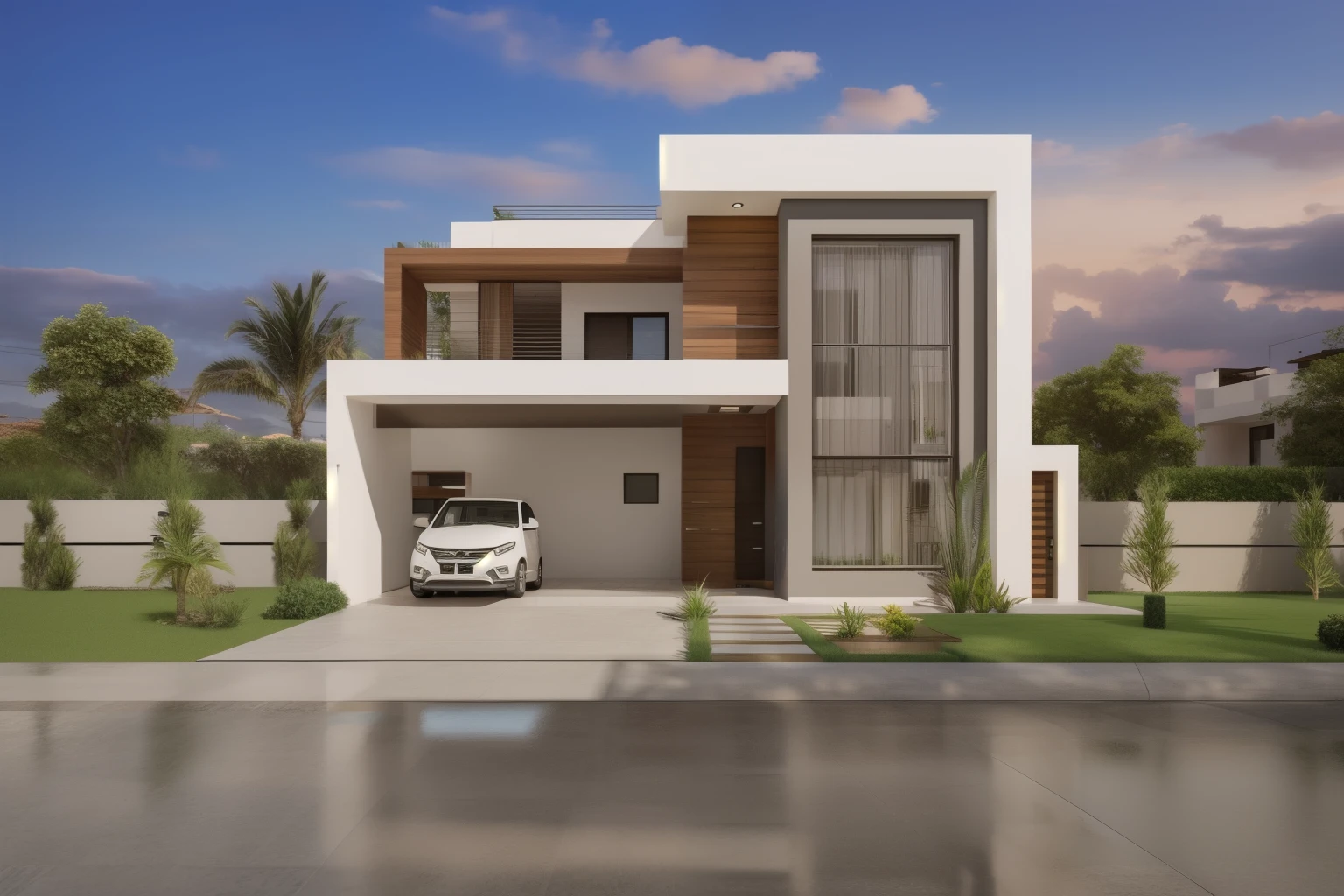 arafed view of a casa moderna with a car parked in front, contemporary house, neotradicional moderno, casa moderna, projeto residencial, casa conceito, dramatic front view, Design exterior, casa completa, estilo moderno, imagem frontal, overall architectural design, render with resolute perfection, perspectiva frontal, lumion rendering, vila interdimensional, tiro de frente, vista frontal