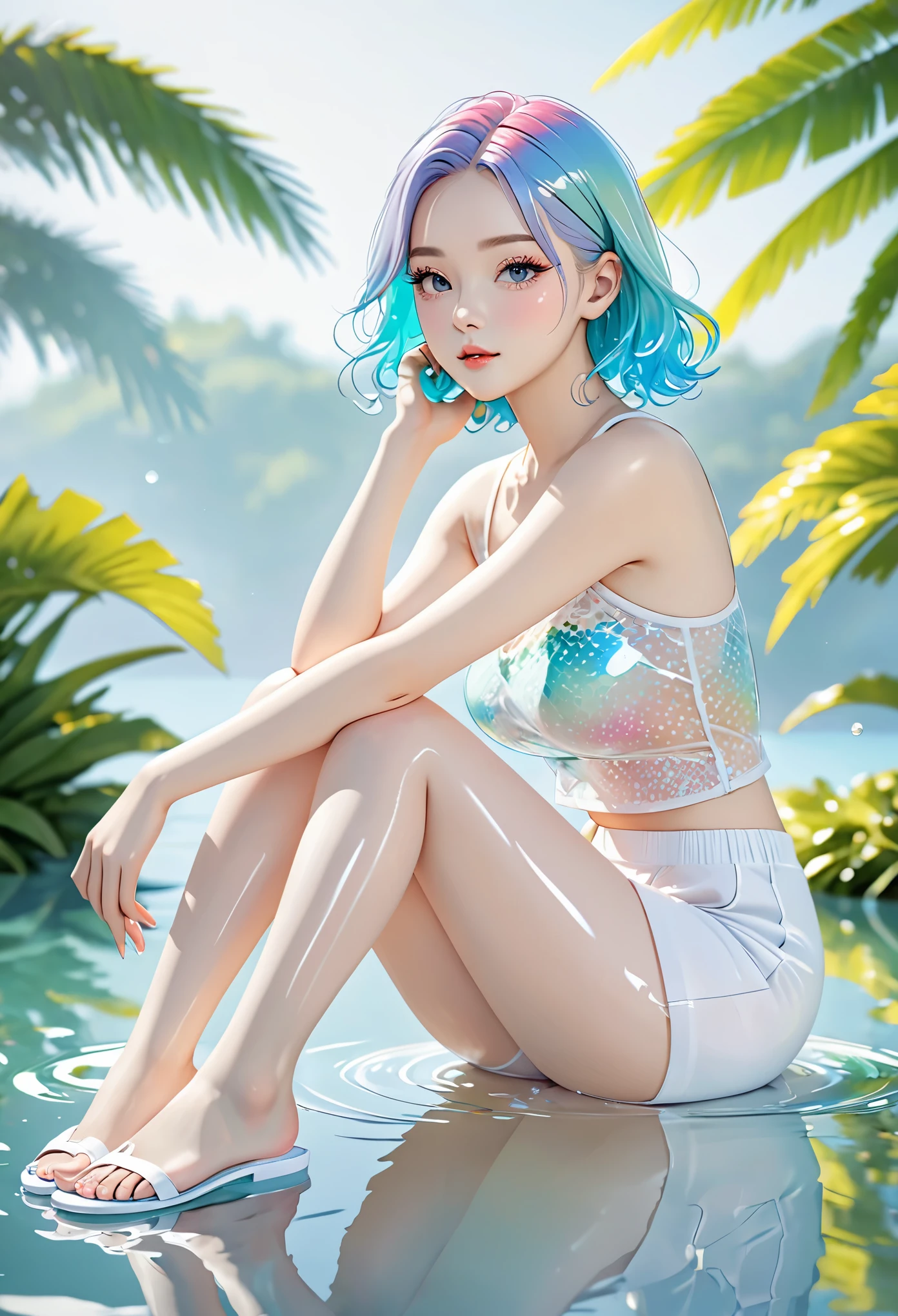 1Beauty,solo,Colored hair, colored see-through sexy tops,White skin,(short legs:1.4),(Sitting sideways:1.4),White pantyhose,white shorts, Fine toes, clear toes,
Outdoors,Stand on the water,Transparent flip flops,
the facial details are perfect,and the character details are exquisite,trendy fashion clothes,trendy portraits,bright colors,clean background,3D cartoon style rendering,large aperture,pop Mart production,delicate gloss,8K gradient translucent glass melt,