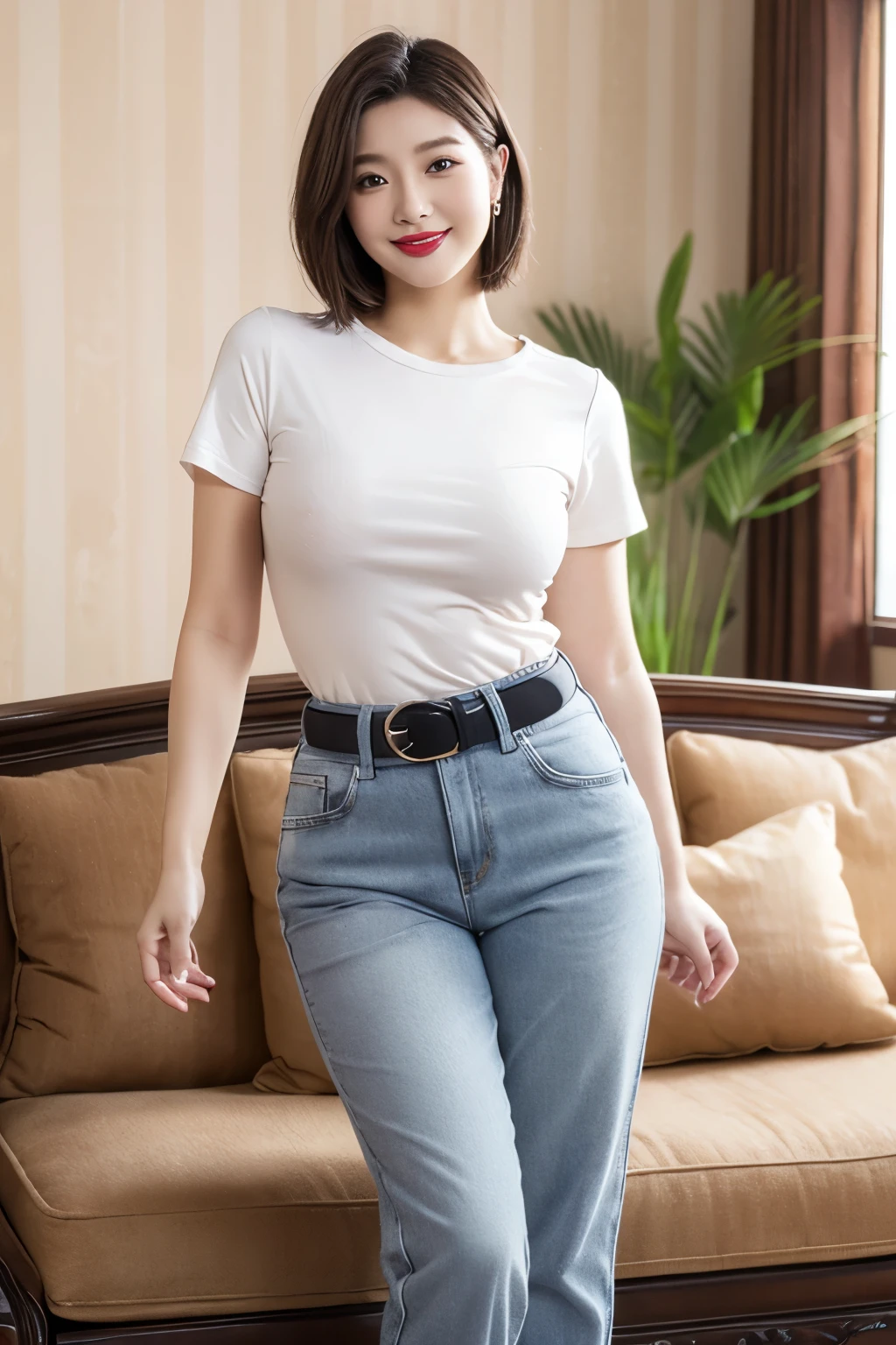 Draw lips correctly, red lipstick, from chest up, best quality, Super detailed, lifelike, Super fine skin, perfect anatomy, (1 日本Mature的女人), (alone),Wear a gray crew neck shirt,short sleeves,blue jeans,trousers,black belt,short hair,37-year-old female,Mature,charming smile,indoor background:Luxurious large sofa、flower、table,stand,Leg length,Chubby,Big breasts,stand up,full-body shot