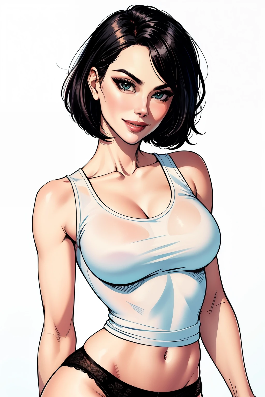 Amazing cowboy shot of a sexy woman wearing her black bob cut hair, seductively gazing and smiling, soft lips, blushing intensely, white tank top, basic panties , medium chest, perfect body, simple background, Nicole Kidman