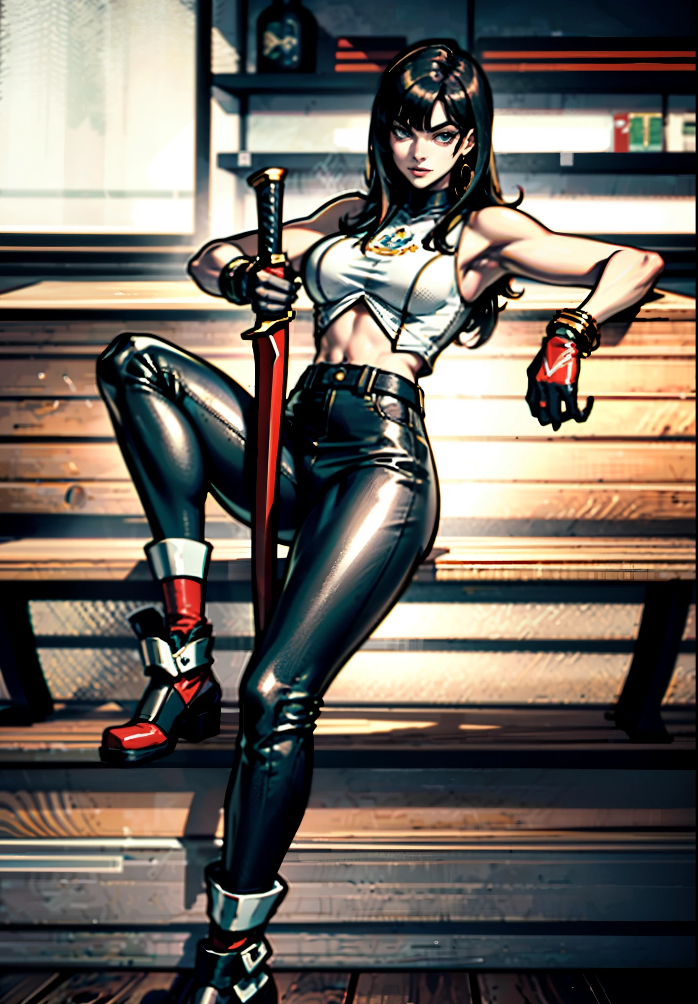 A beautiful woman with long shiny black hair, choppy bangs, a delicate face, a cold proud gaze, a fit figure, a fantasy-style high-necked leather breastplate top, sleeveless, exposes her waist, a bracelet adorns her wrist, tight-fitting leather pants, her right hand holds a longsword with a blue scabbard, she lounges casually sitting, this character embodies a finely crafted fantasy-style bounty hunter in anime style, exquisite and mature manga art style, (Alexandra Daddario:1.2), high definition, best quality, highres, ultra-detailed, ultra-fine painting, extremely delicate, professional, anatomically correct, symmetrical face, extremely detailed eyes and face, high quality eyes, creativity, RAW photo, UHD, 32k, Natural light, cinematic lighting, masterpiece-anatomy-perfect, masterpiece:1.5