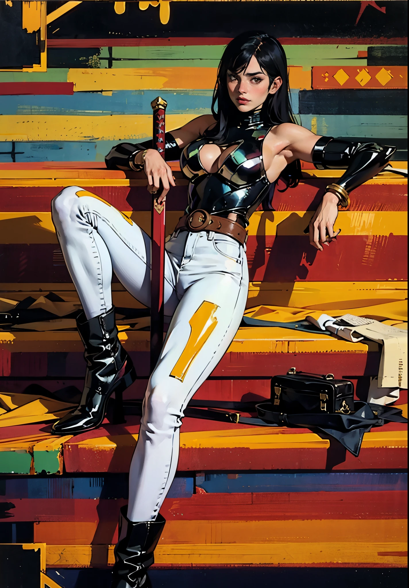 A beautiful woman with long shiny black hair, choppy bangs, a delicate face, a cold proud gaze, a fit figure, a fantasy-style high-necked leather breastplate top, sleeveless, exposes her waist, a bracelet adorns her wrist, tight-fitting leather pants, her right hand holds a longsword with a blue scabbard, she lounges casually sitting, this character embodies a finely crafted fantasy-style bounty hunter in anime style, exquisite and mature manga art style, high definition, best quality, highres, ultra-detailed, ultra-fine painting, extremely delicate, professional, anatomically correct, symmetrical face, extremely detailed eyes and face, high quality eyes, creativity, RAW photo, UHD, 32k, Natural light, cinematic lighting, masterpiece-anatomy-perfect, masterpiece:1.5