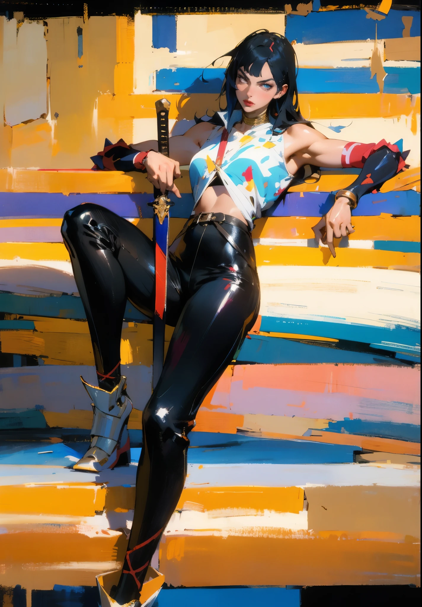 A beautiful woman with long shiny black hair, choppy bangs, a delicate face, a cold proud gaze, a fit figure, a fantasy-style high-necked leather breastplate top, sleeveless, exposes her waist, a bracelet adorns her wrist, tight-fitting leather pants, her right hand holds a longsword with a blue scabbard, she lounges casually sitting, this character embodies a finely crafted fantasy-style bounty hunter in anime style, exquisite and mature manga art style, (Alexandra Daddario:1.2), high definition, best quality, highres, ultra-detailed, ultra-fine painting, extremely delicate, professional, anatomically correct, symmetrical face, extremely detailed eyes and face, high quality eyes, creativity, RAW photo, UHD, 32k, Natural light, cinematic lighting, masterpiece-anatomy-perfect, masterpiece:1.5