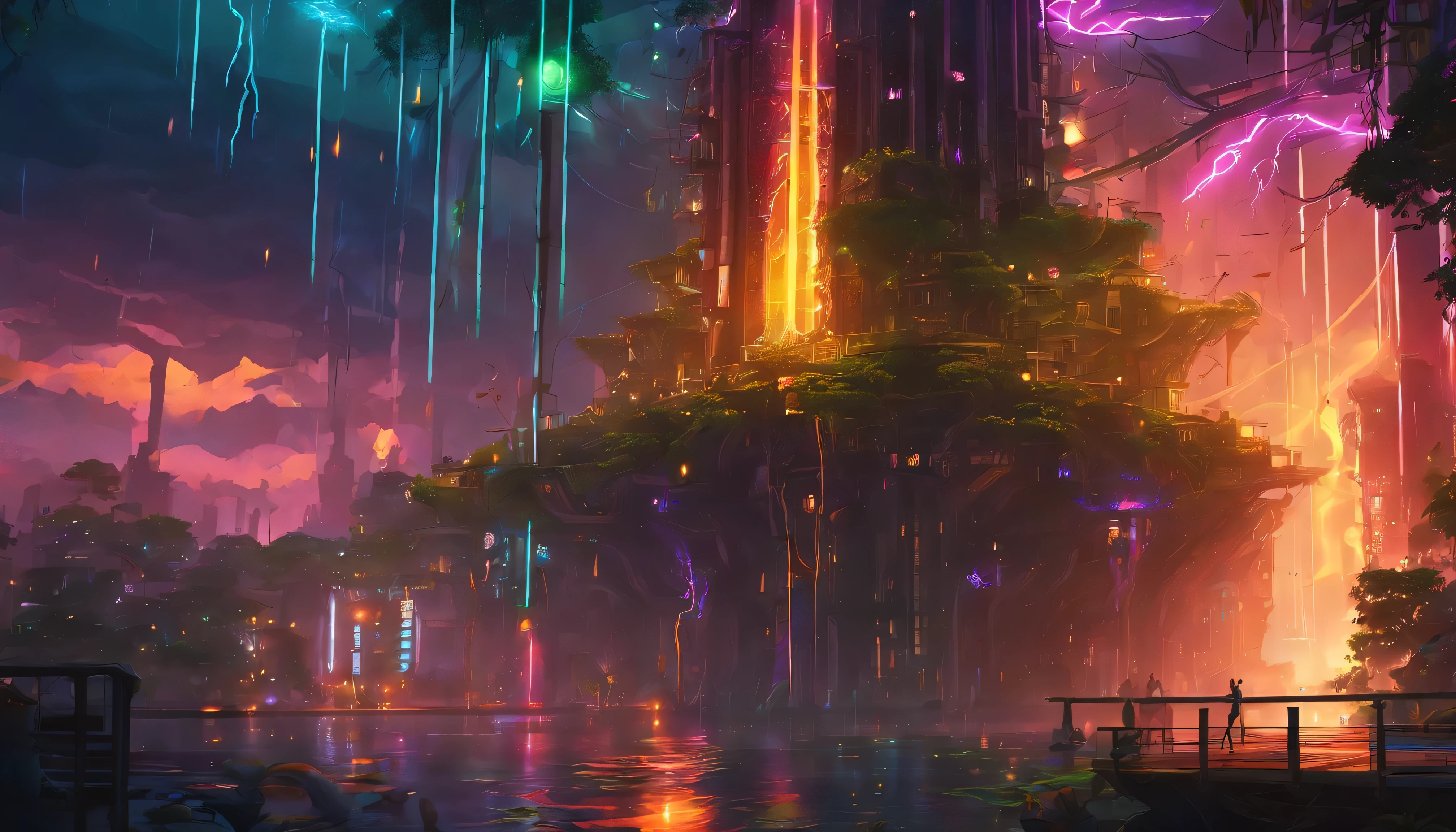 Design an image depicting an intense night storm scene over an ancient rainforest. The sky above is a canvas of chaotic beauty, with lightning bolts illuminating the dense canopy below. Each flash reveals the rich, wet leaves of towering trees and the intricate ecosystem that thrives under their shelter. The storm's fury is juxtaposed with the enduring calm of the forest, highlighting the timeless dance between nature's tempests and the tranquility of the ancient woodlands. Include the occasional glimpse of a waterfall or river, its waters surging in response to the downpour, adding to the scene's dynamic beauty