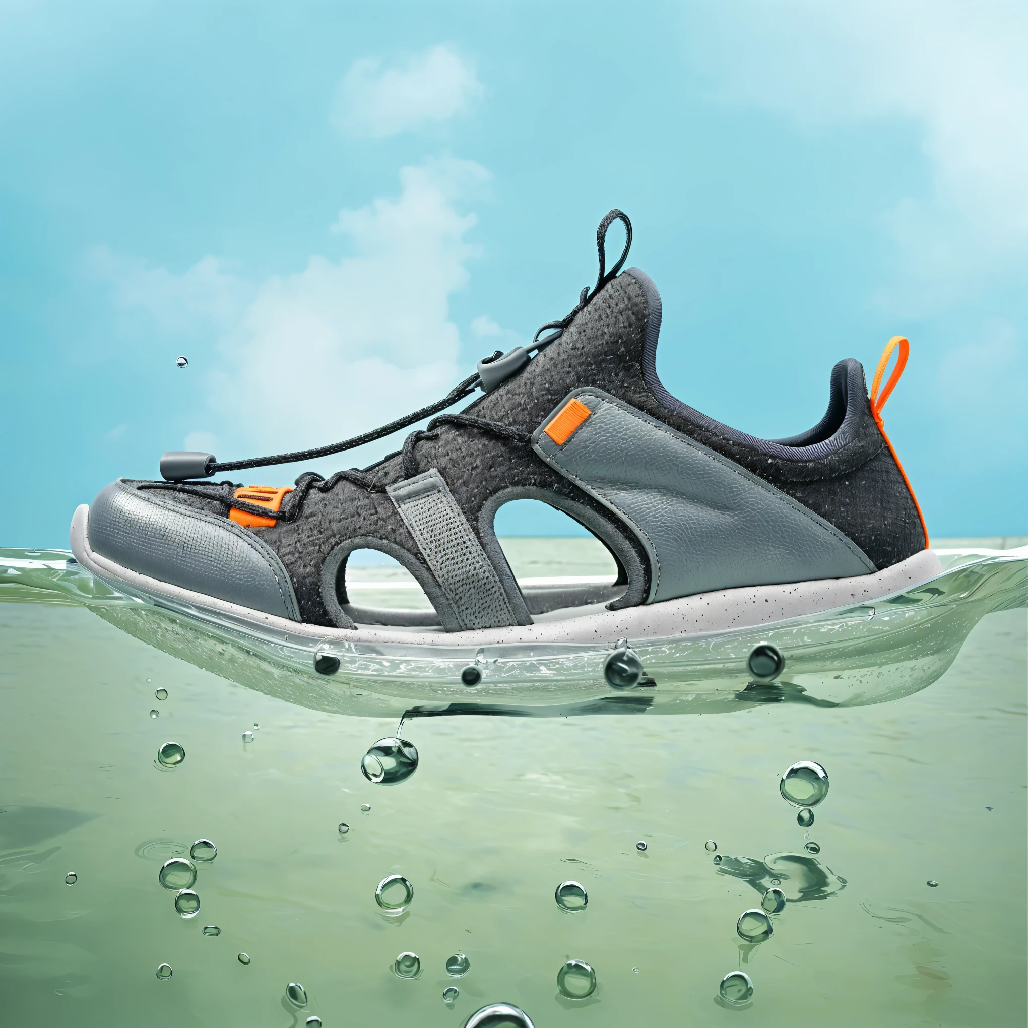 there is a shoe that is floating in the water, inflatable future shoes, by Jakob Gauermann, by Aleksander Kotsis, sleek cool waterproof design, 🤬 🤮 💕 🎀, by Dietmar Damerau, advertising photo, grey orange, sleek waterproof design, by Thomas Häfner, environmental shot, artistic render, teals