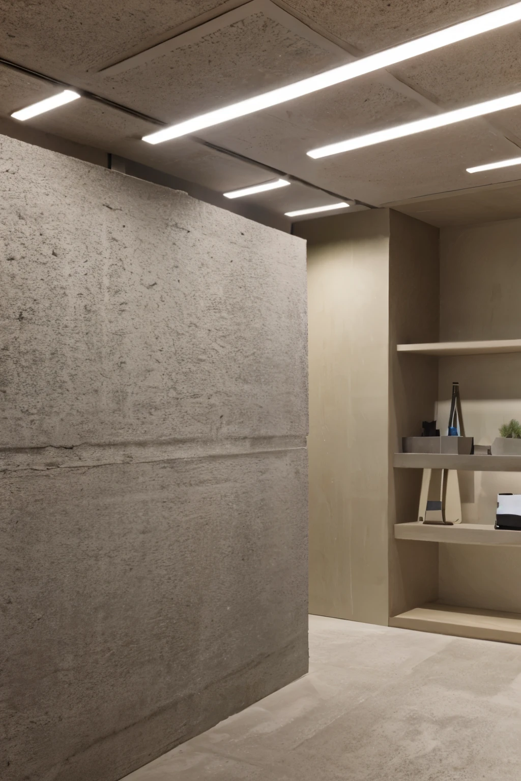 store design, modern style, use concreat in background, celling use sport light