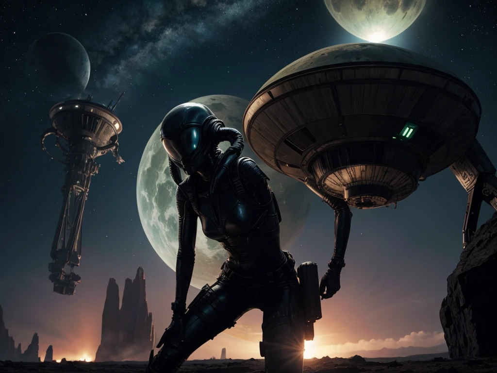 Alien landscape, girl fighting alone against aliens trying to invade Earth