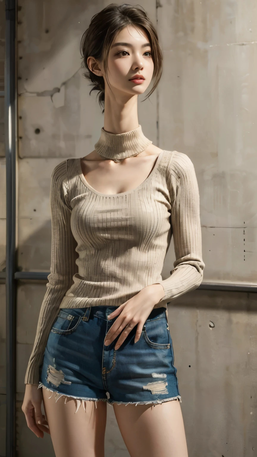(masterpiece, best quality, ultra detailed, realistic:1.4), a young asian woman, (turtleneck sweater and shorts), short messy hair, tall, slender figure, (longneck:1.35)
