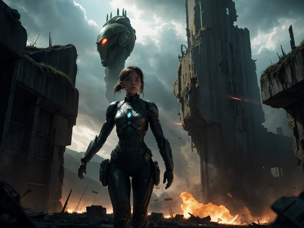 alien landscape, girl fighting alone against aliens trying to invade Earth, powerful alien creatures, towering alien spacecraft, intense battle scene, futuristic weapons, explosions and fire, high-tech armor and equipment, determined expression on the girl's face, dynamic and action-packed composition, otherworldly atmosphere, dark and ominous sky, energy beams and projectiles, debris and smoke filling the air, devastated cityscape, ruins and destruction, adrenaline-filled fight against overwhelming odds, epic struggle between good and evil, heroic last stand, dramatic lighting and shadows, vibrant color palette to emphasize the contrast between the girl and the aliens, cinematic and immersive art style, detailed and intricate alien designs, sense of danger and urgency, triumph of human spirit over adversity, the girl as a symbol of bravery and resilience, potential for a series of connected artworks showcasing the girl's journey and growth in the face of alien invasion