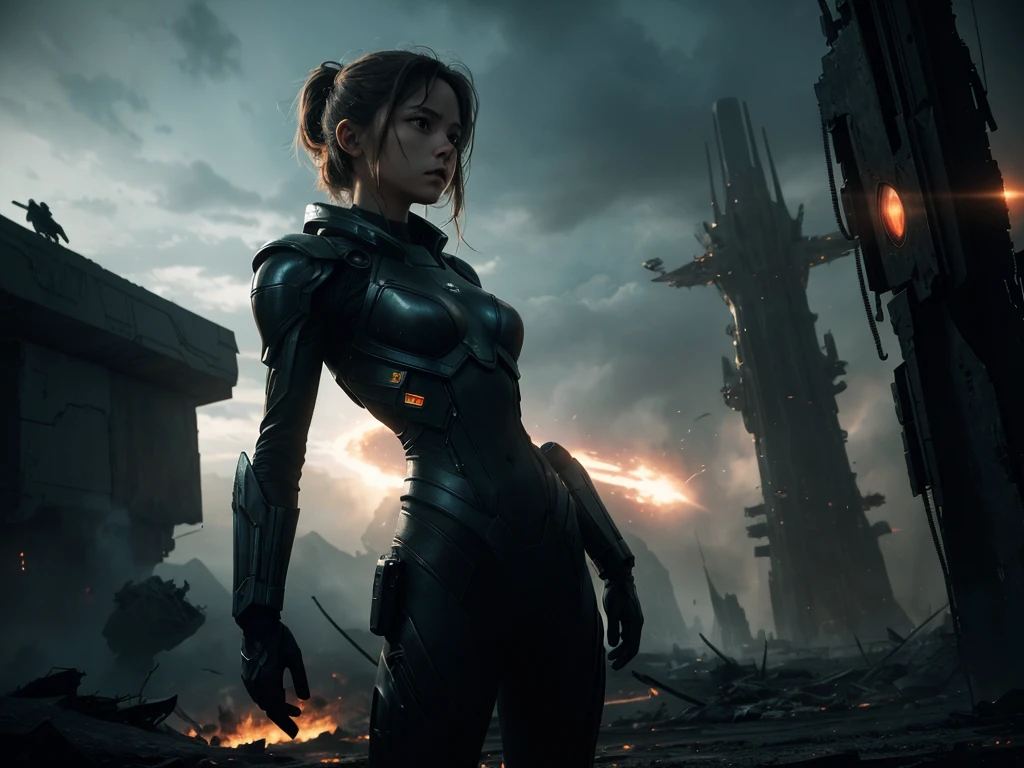 alien landscape, girl fighting alone against aliens trying to invade Earth, powerful alien creatures, towering alien spacecraft, intense battle scene, futuristic weapons, explosions and fire, high-tech armor and equipment, determined expression on the girl's face, dynamic and action-packed composition, otherworldly atmosphere, dark and ominous sky, energy beams and projectiles, debris and smoke filling the air, devastated cityscape, ruins and destruction, adrenaline-filled fight against overwhelming odds, epic struggle between good and evil, heroic last stand, dramatic lighting and shadows, vibrant color palette to emphasize the contrast between the girl and the aliens, cinematic and immersive art style, detailed and intricate alien designs, sense of danger and urgency, triumph of human spirit over adversity, the girl as a symbol of bravery and resilience, potential for a series of connected artworks showcasing the girl's journey and growth in the face of alien invasion