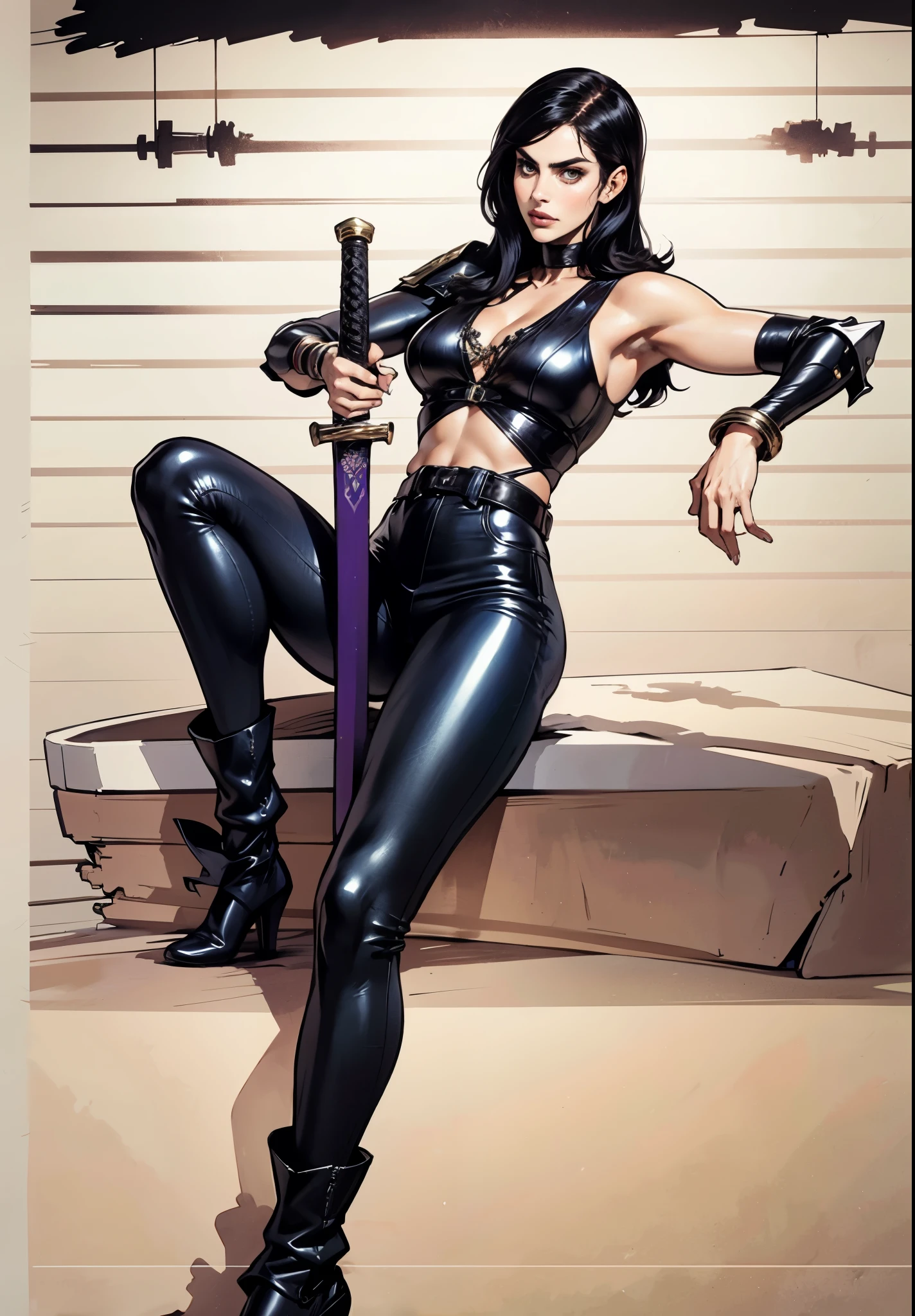 A beautiful woman with long shiny black hair, choppy bangs, a delicate face, a cold proud gaze, a fit figure, a fantasy-style high-necked leather breastplate top, sleeveless, exposes her waist, a bracelet adorns her wrist, tight-fitting leather pants, her right hand holds a longsword with a blue scabbard, she lounges casually sitting, this character embodies a finely crafted fantasy-style bounty hunter in anime style, exquisite and mature manga art style, (Alexandra Daddario:1.2), high definition, best quality, highres, ultra-detailed, ultra-fine painting, extremely delicate, professional, anatomically correct, symmetrical face, extremely detailed eyes and face, high quality eyes, creativity, RAW photo, UHD, 32k, Natural light, cinematic lighting, masterpiece-anatomy-perfect, masterpiece:1.5