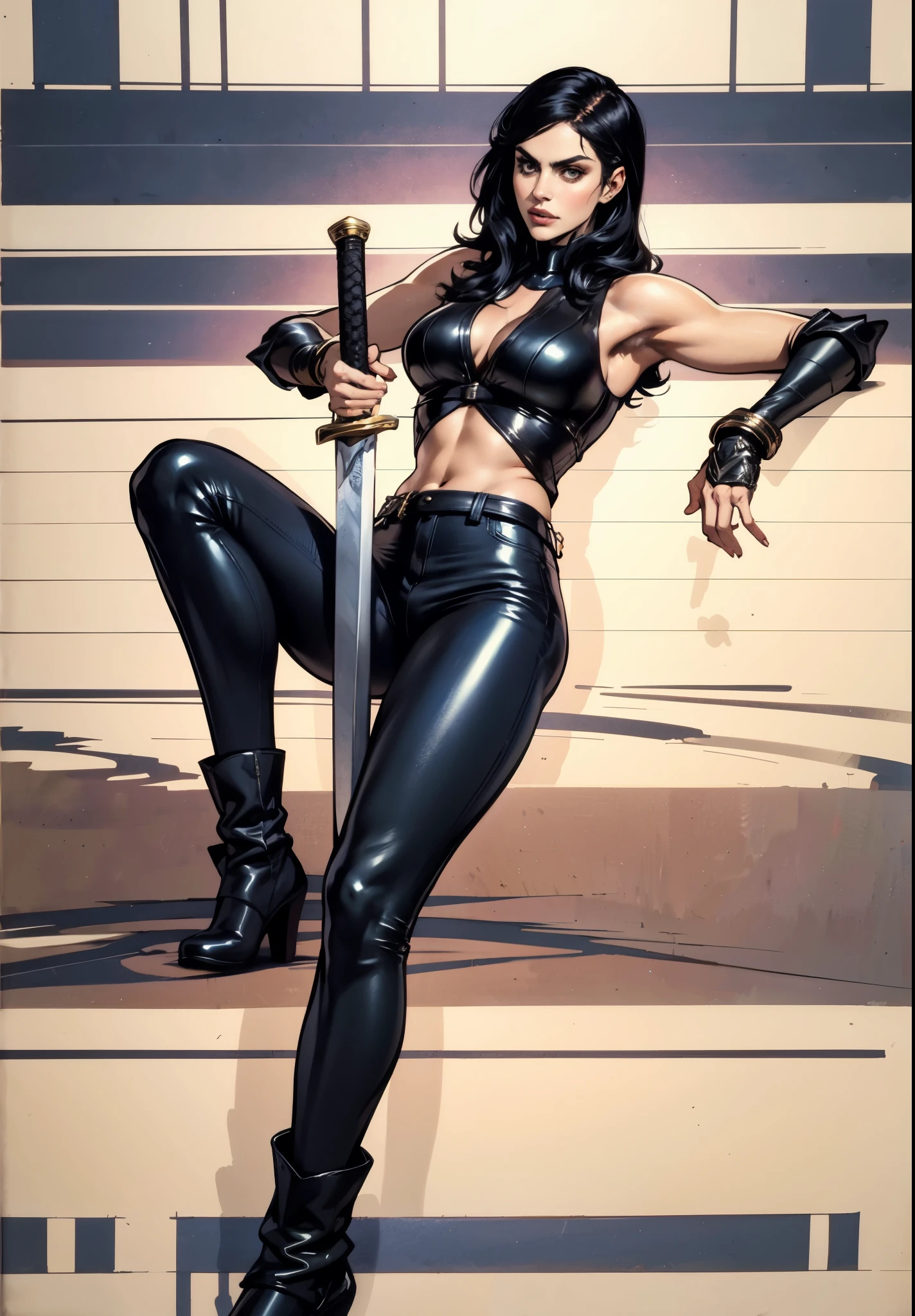 A beautiful woman with long shiny black hair, choppy bangs, a delicate face, a cold proud gaze, a fit figure, a fantasy-style high-necked leather breastplate top, sleeveless, exposes her waist, a bracelet adorns her wrist, tight-fitting leather pants, her right hand holds a longsword with a blue scabbard, she lounges casually sitting, this character embodies a finely crafted fantasy-style bounty hunter in anime style, exquisite and mature manga art style, (Alexandra Daddario:1.2), high definition, best quality, highres, ultra-detailed, ultra-fine painting, extremely delicate, professional, anatomically correct, symmetrical face, extremely detailed eyes and face, high quality eyes, creativity, RAW photo, UHD, 32k, Natural light, cinematic lighting, masterpiece-anatomy-perfect, masterpiece:1.5