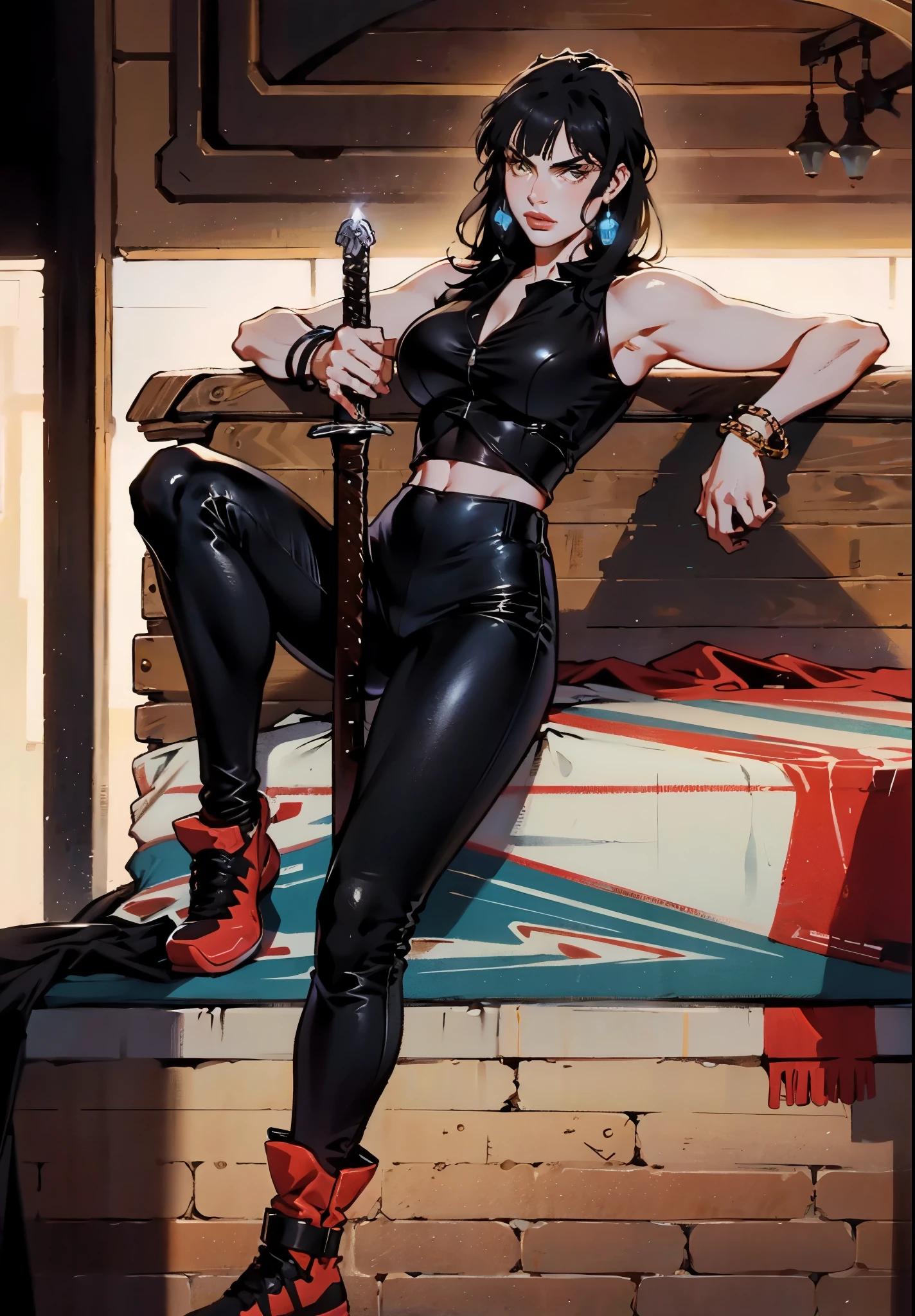 A beautiful woman with long shiny black hair, choppy bangs, a delicate face, a cold proud gaze, a fit figure, a fantasy-style high-necked leather breastplate top, sleeveless, exposes her waist, a bracelet adorns her wrist, tight-fitting leather pants, her right hand holds a longsword with a blue scabbard, she lounges casually sitting, this character embodies a finely crafted fantasy-style bounty hunter in anime style, exquisite and mature manga art style, (Alexandra Daddario:1.2), high definition, best quality, highres, ultra-detailed, ultra-fine painting, extremely delicate, professional, anatomically correct, symmetrical face, extremely detailed eyes and face, high quality eyes, creativity, RAW photo, UHD, 32k, Natural light, cinematic lighting, masterpiece-anatomy-perfect, masterpiece:1.5