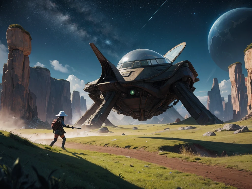 Alien landscape, girl fighting alone against aliens trying to invade Earth