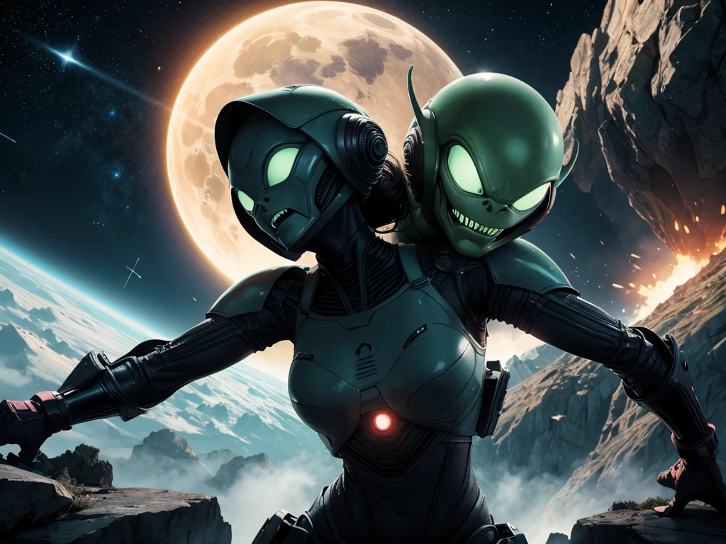 Alien landscape, girl fighting alone against aliens trying to invade Earth