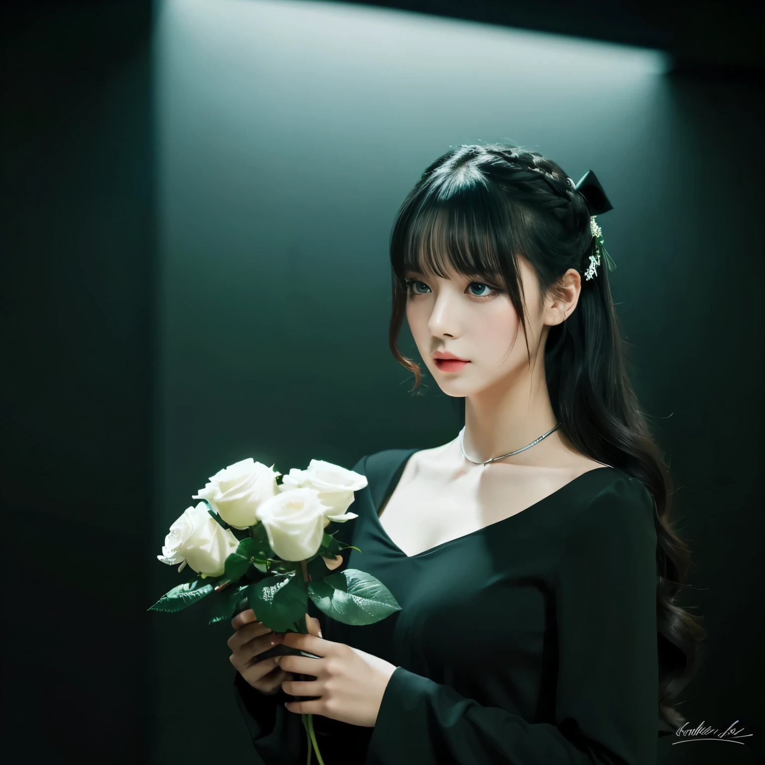 ((masterpiece, highest quality)),best aesthetics,1 girl, alone, long hair, black dress, flower, ribbon, black background, black hair, Rose, hair ribbon, green eyes, long sleeve, white Rose, closed mouth, black ribbon, Upper body, cinematic lighting