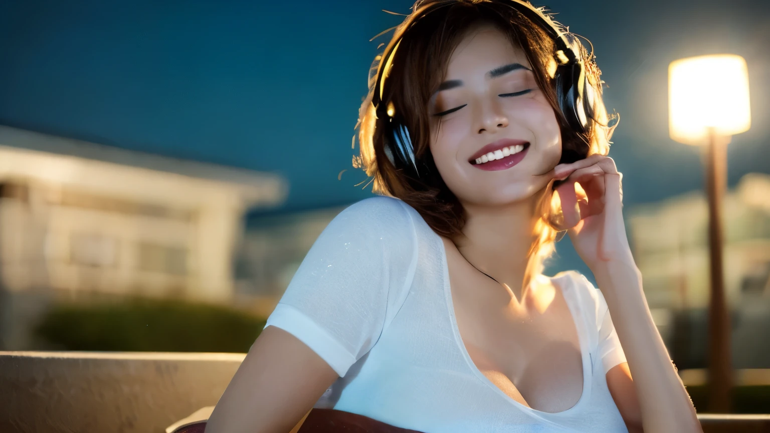 (8k, highest quality, masterpiece:1.2), (realistic, photo-realistic:1.37), super detailed,((( 1 girl))),alone,beautiful and detailed sky,detailed room,night,sitting,date,(blush your nose),(smile:1.15),(closed mouth) big breasts,detailed and beautiful eyes,(shirt:1.1), night, Wet, rain,white lace, (short hair:1.2),Floating hair NovaFrogStyle, ((whole body)),stand, sexy, cute, Close your eyes、wearing headphones