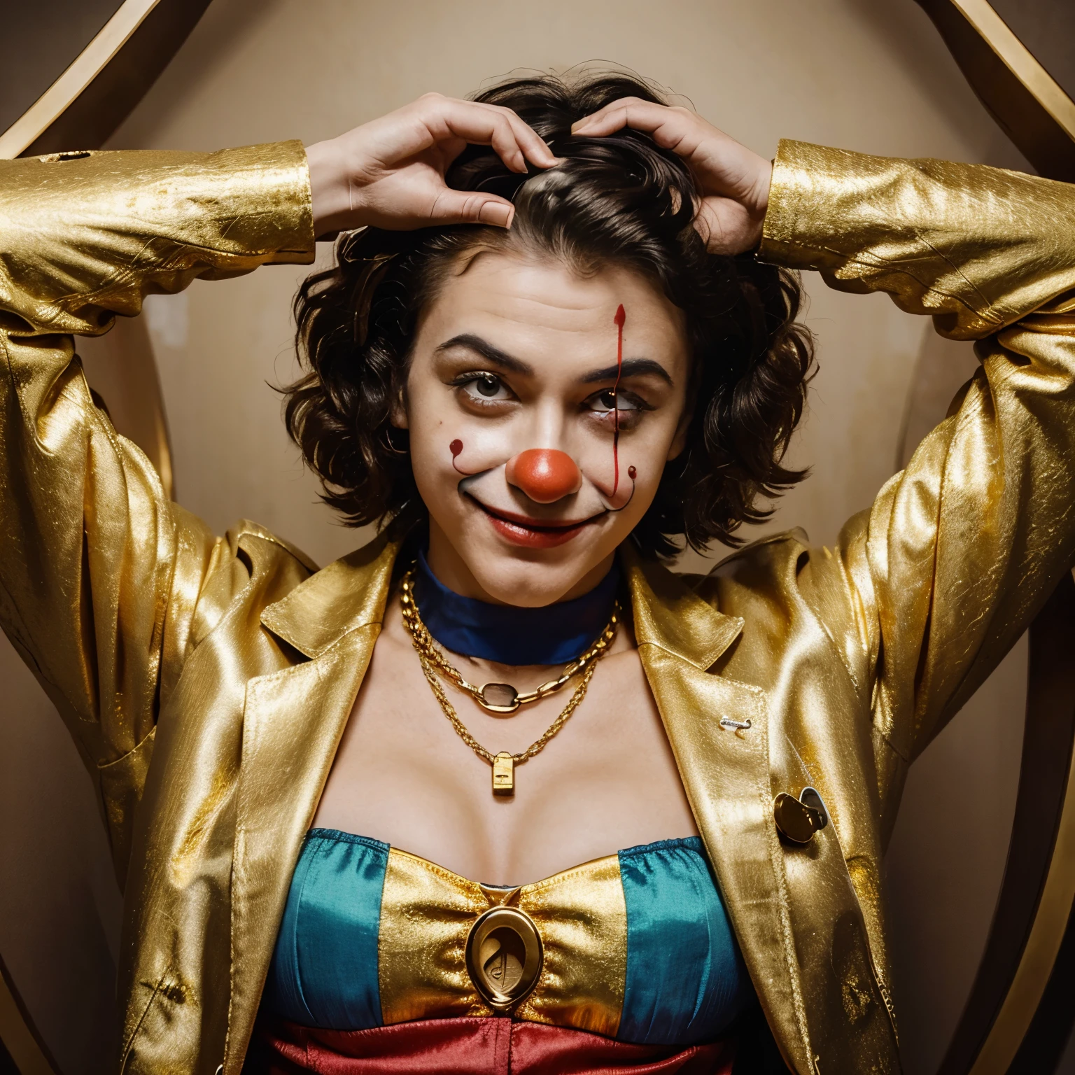 Make a clown holding a gold chain, I want him smiling and holding a pistol pointed at his head 